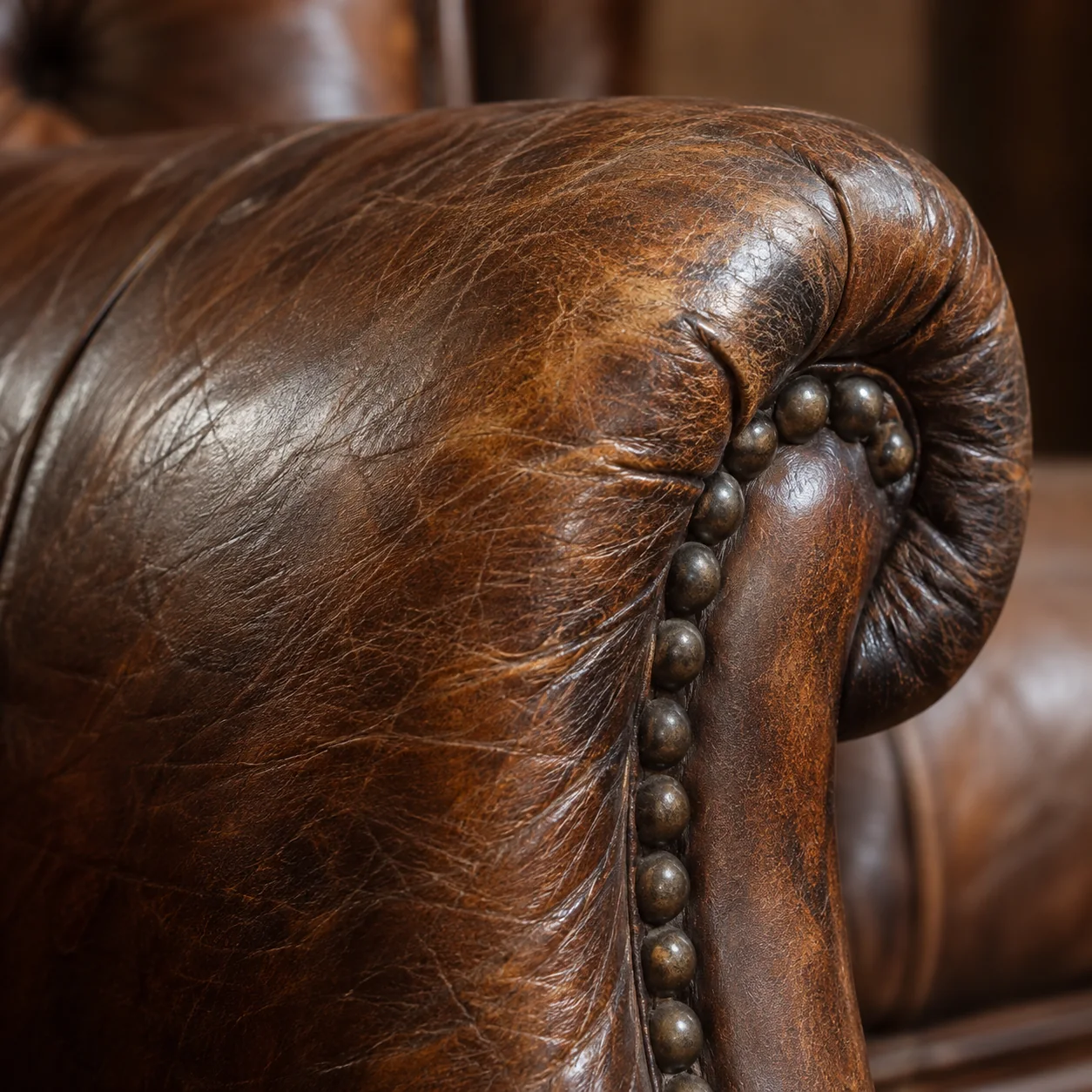 Patina on a scroll arm with brass nailheads