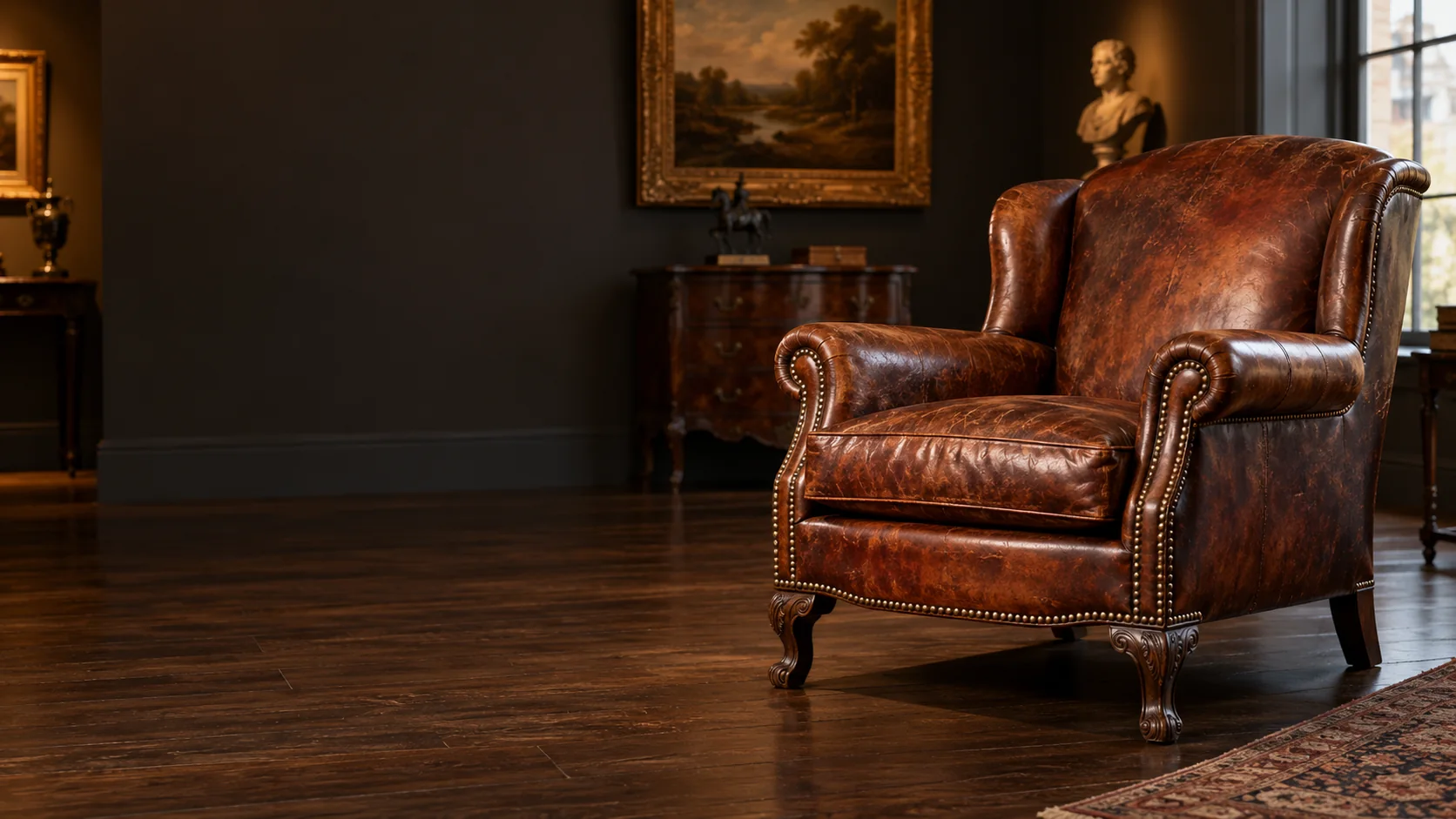 A restored antique leather armchair on display in a dealer's showroom