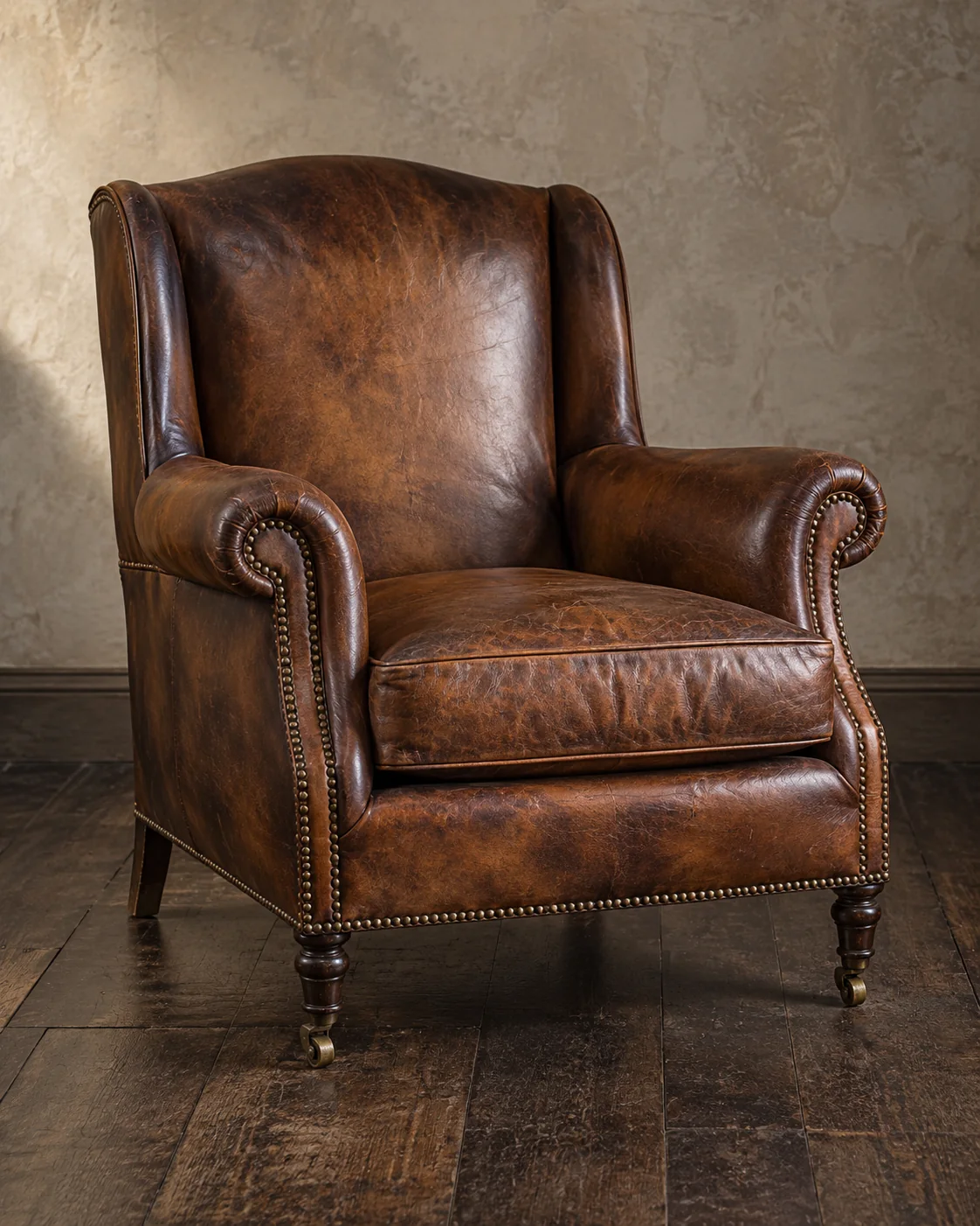 Restored brown leather armchair with its patina kept