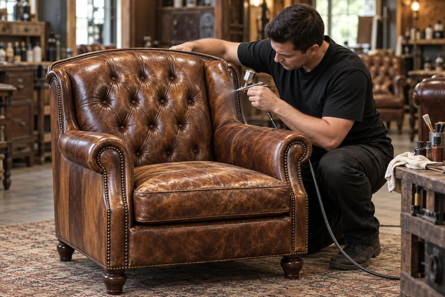 Restorer working on an antique tufted leather armchair in a workshop