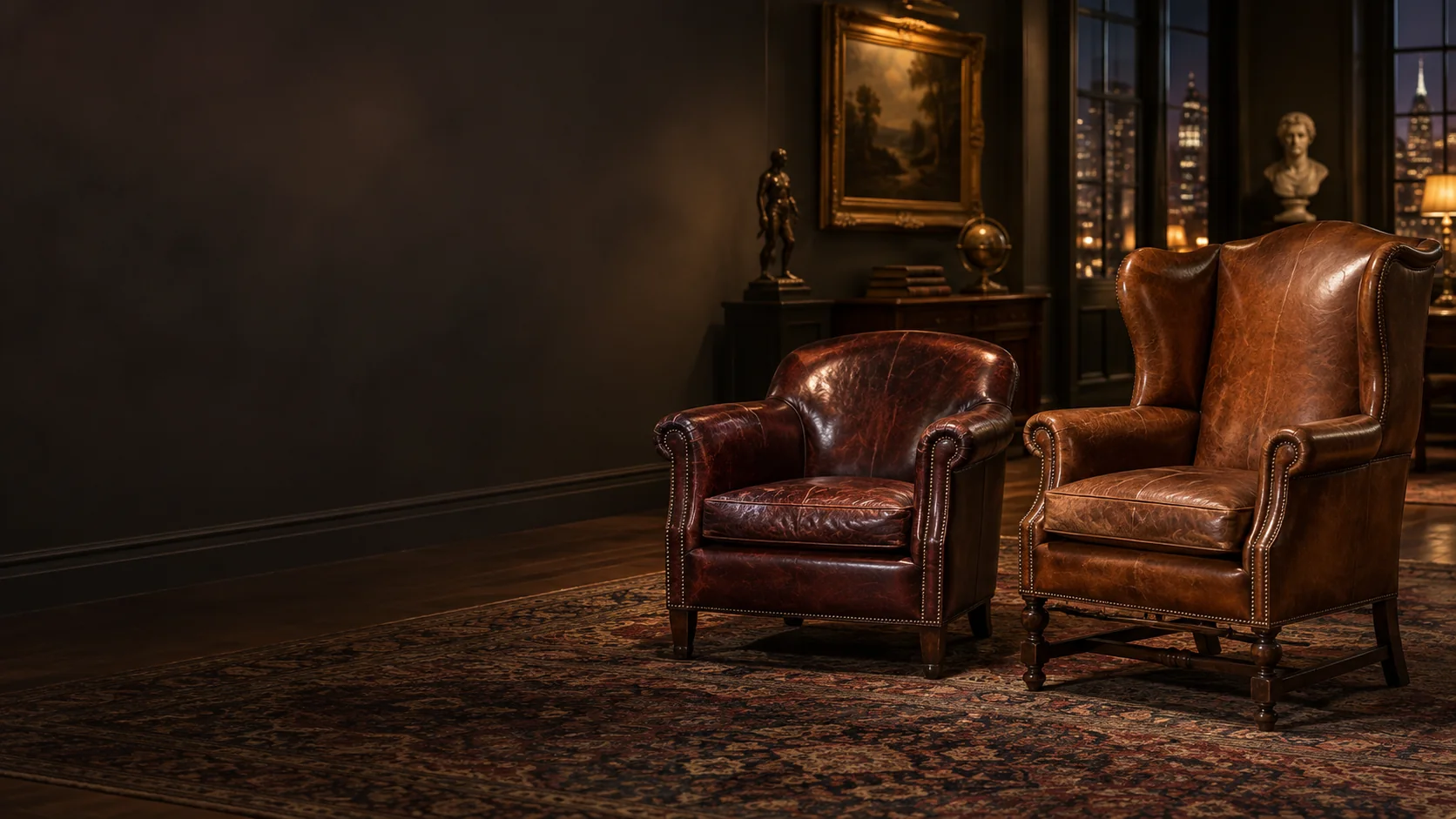 A pair of antique leather chairs in a gallery in the evening