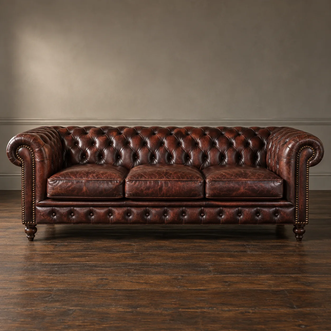 Tufted brown leather chesterfield sofa
