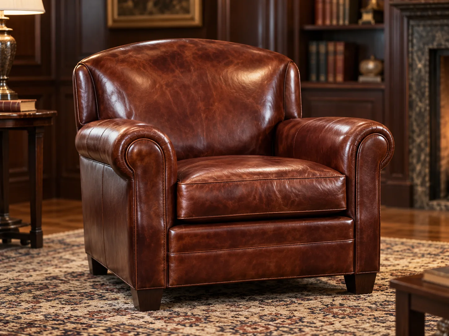 Worn brown leather club chair