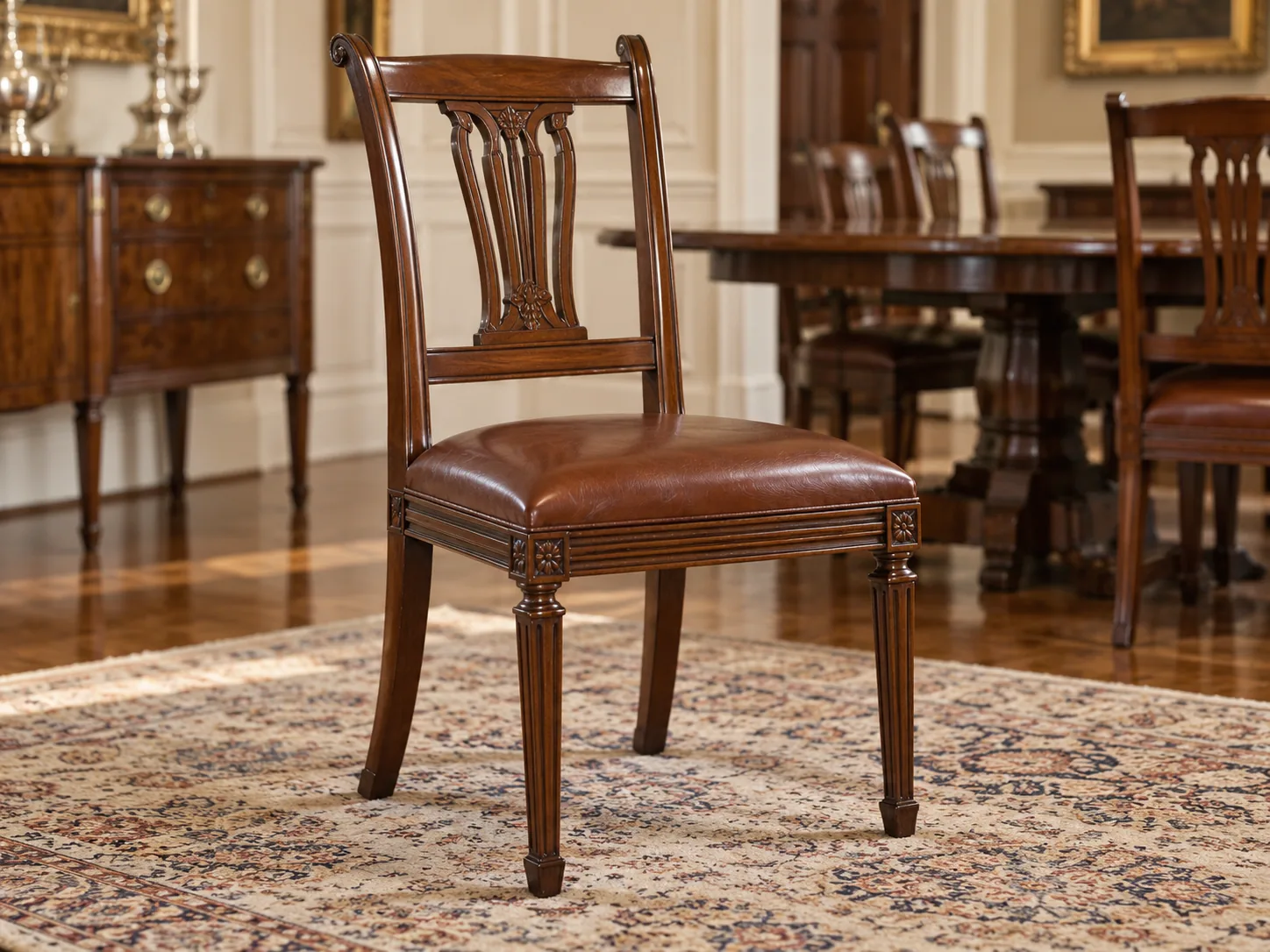 Antique leather dining chair at the head of a table