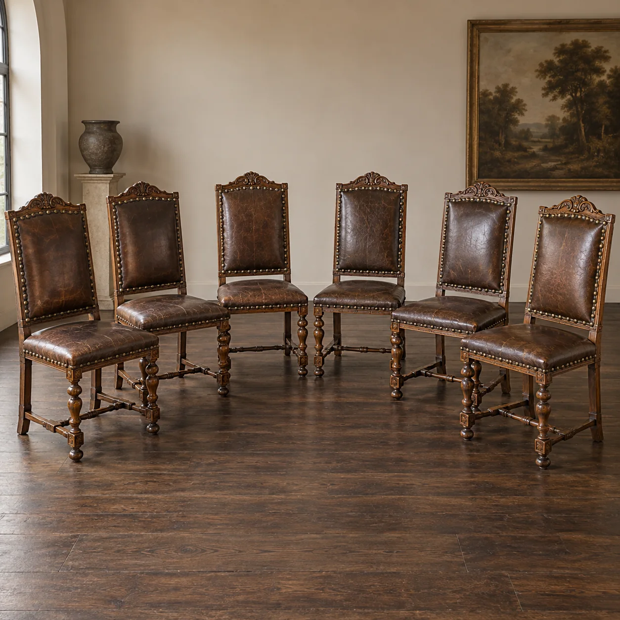 Six antique leather dining chairs in a row