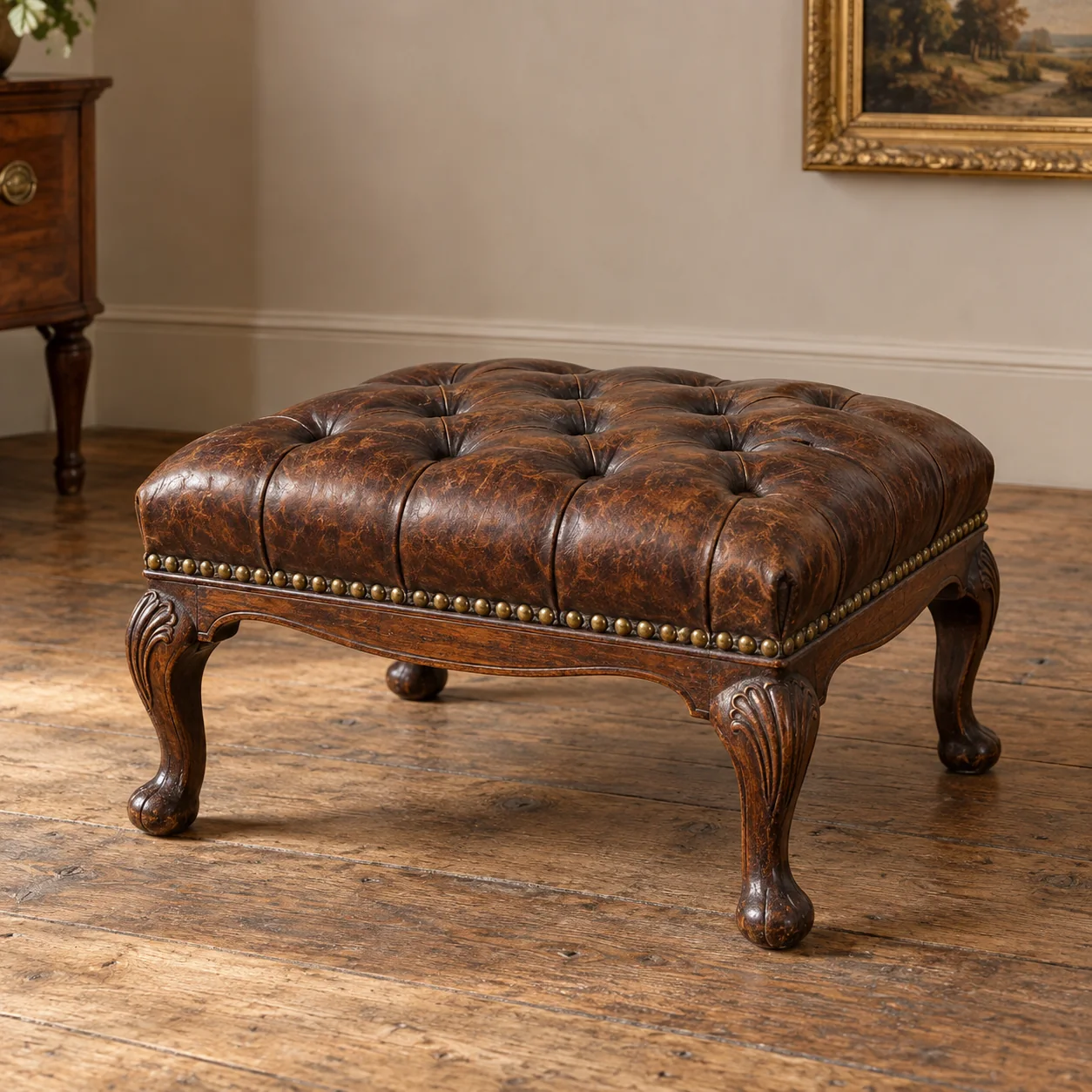 An antique leather footstool