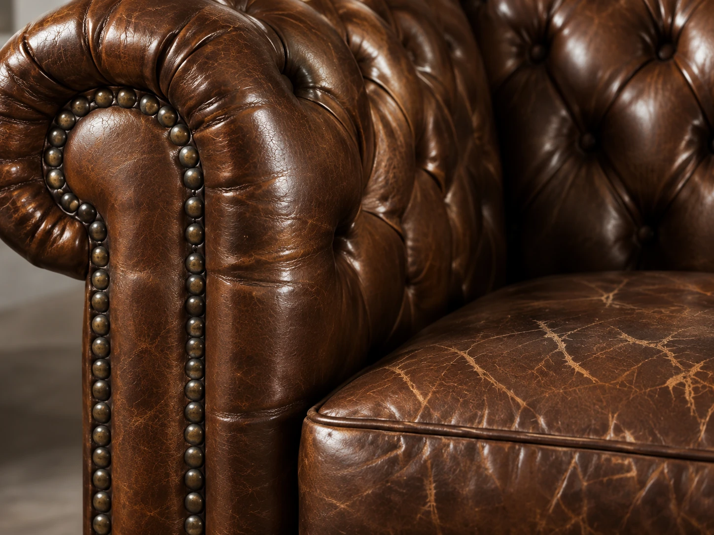 Cracked seat on an antique chesterfield