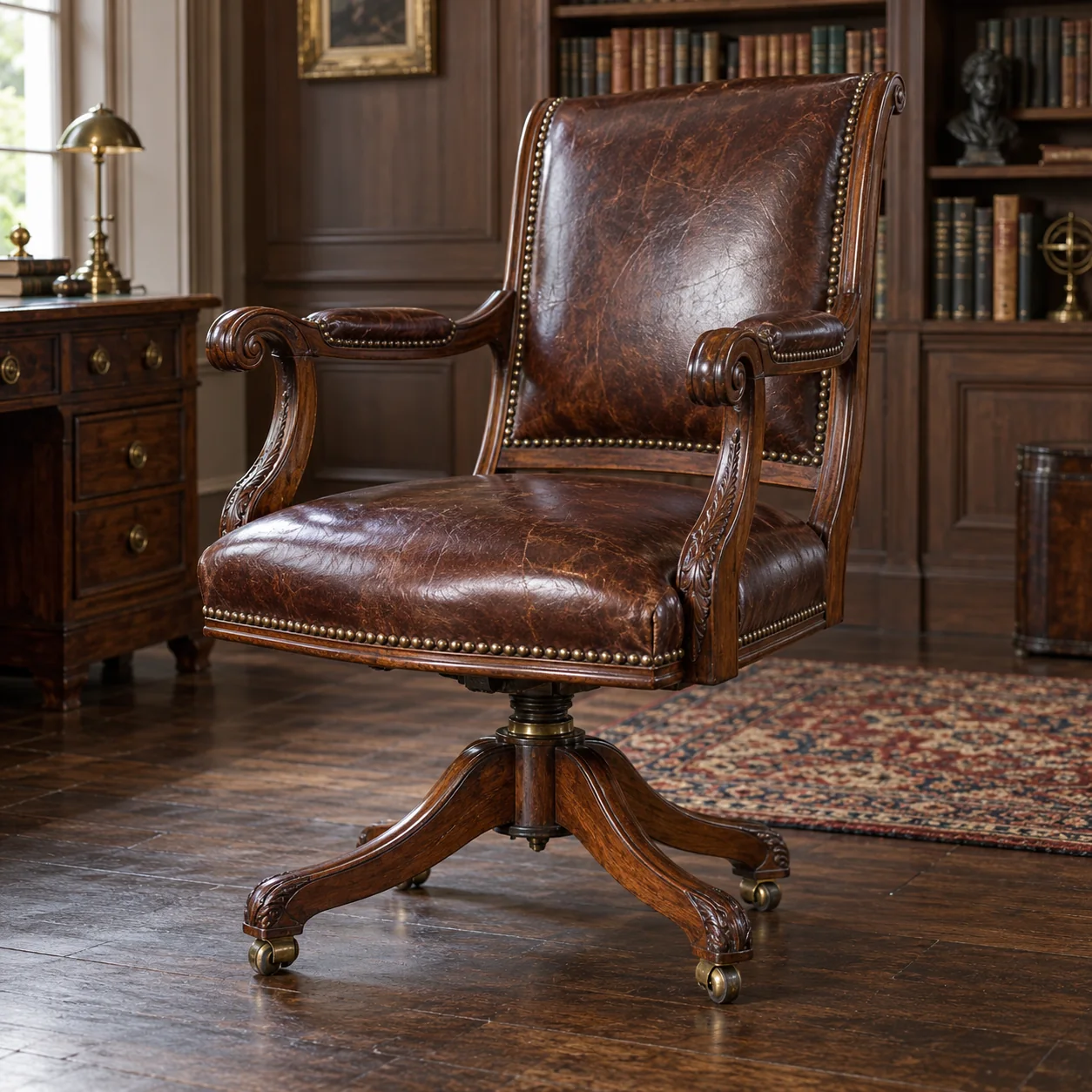 An antique leather library desk chair
