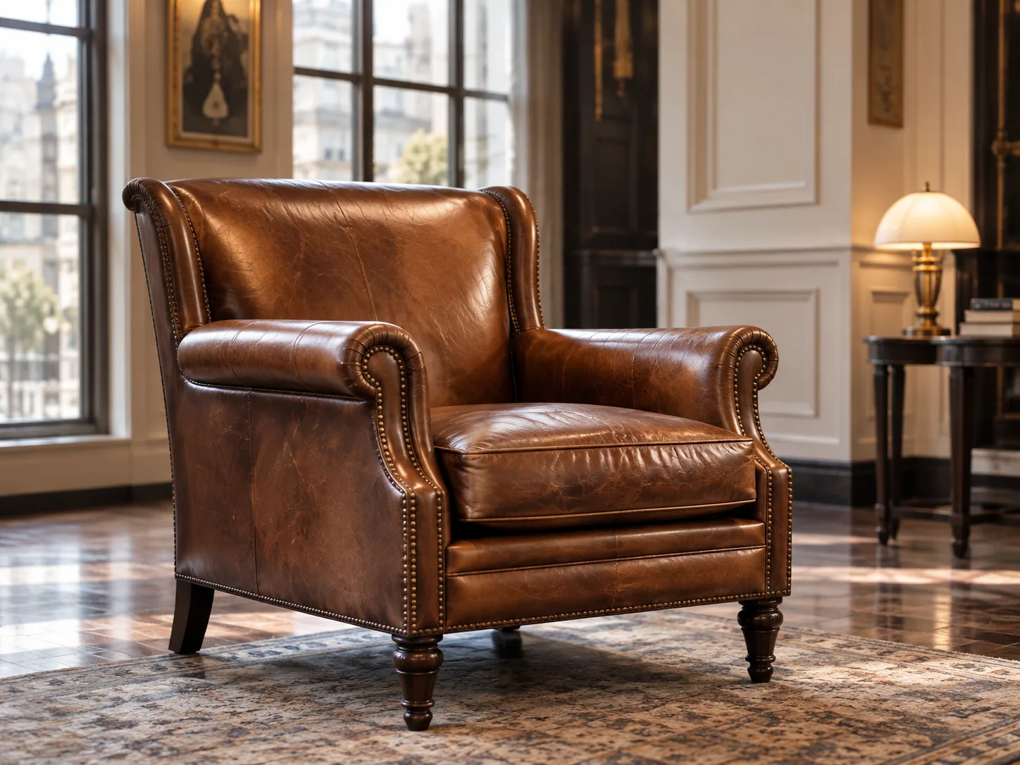 Restored antique leather wing chair