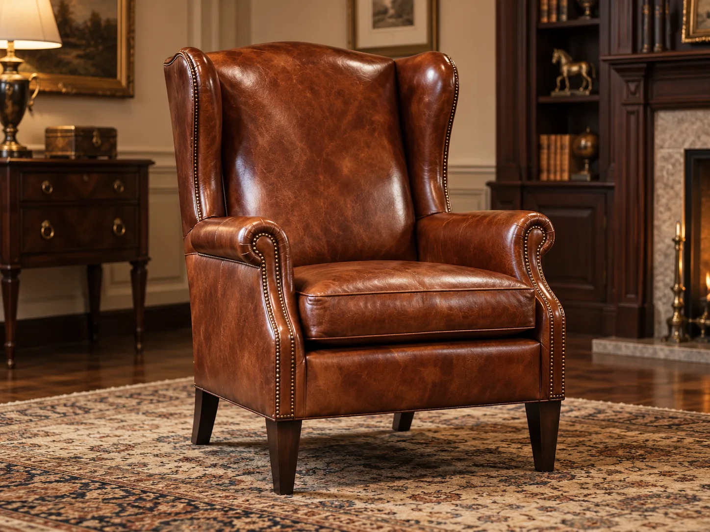 Brown leather wing chair by a fireplace
