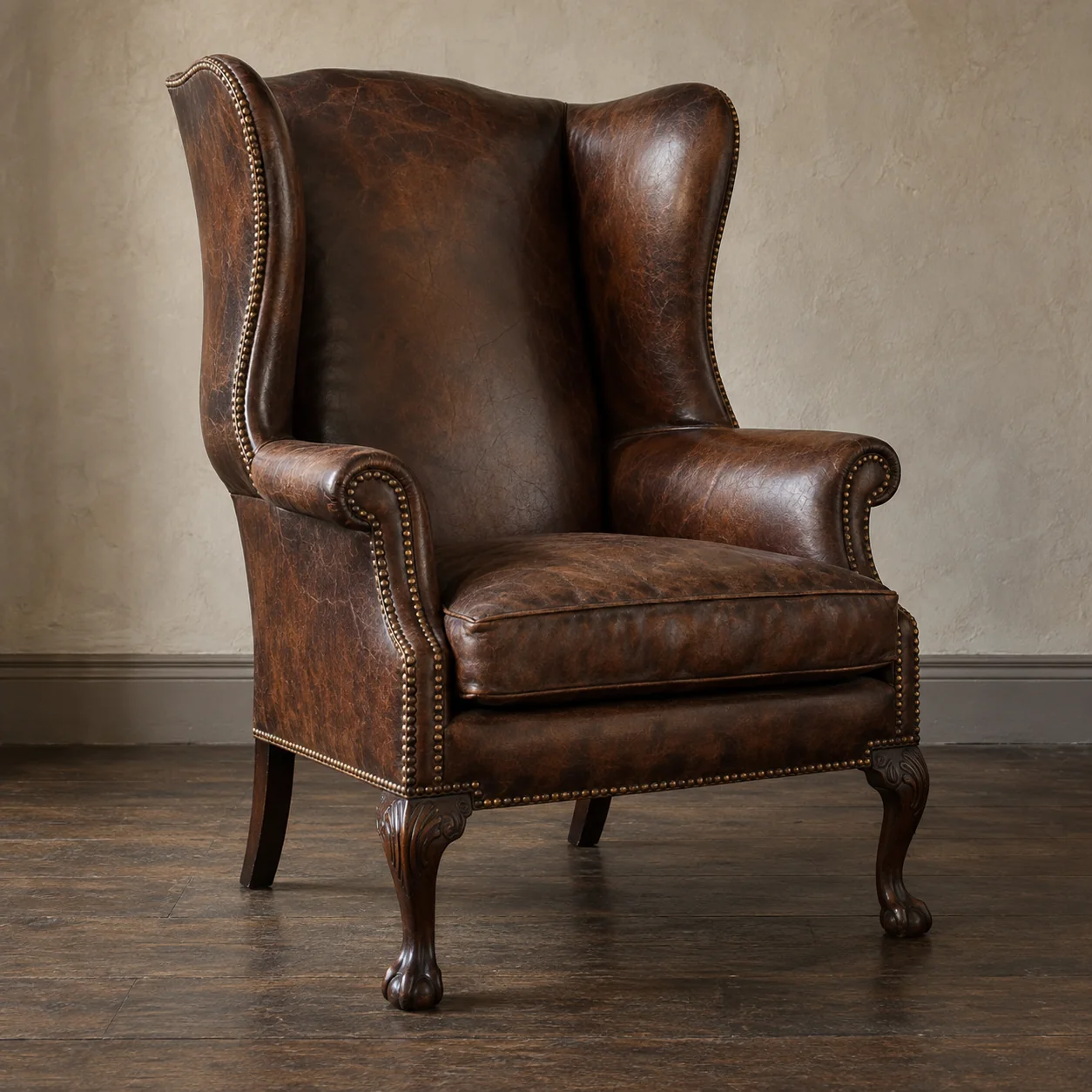Antique leather wingback chair