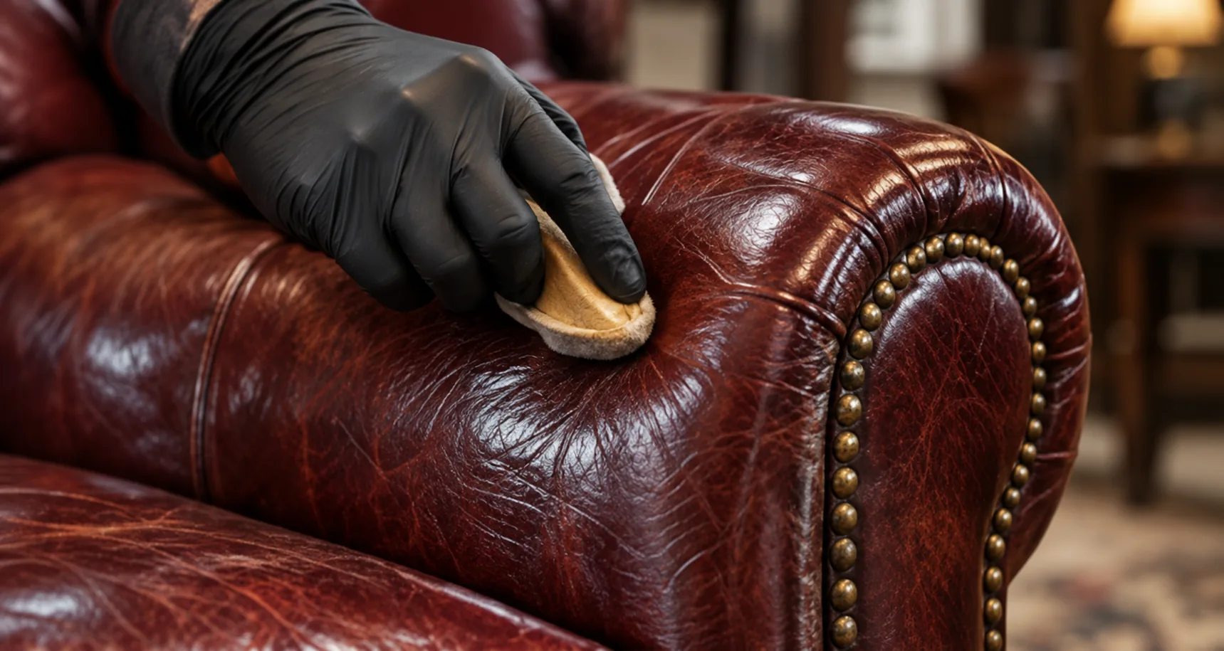 Technician restoring the worn arm of an antique oxblood leather armchair