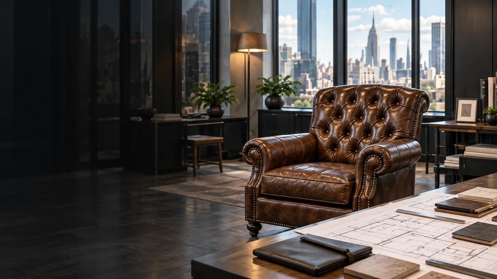 Antique furniture restoration for architects: a restored tufted leather chair beside architectural plans in a Manhattan office