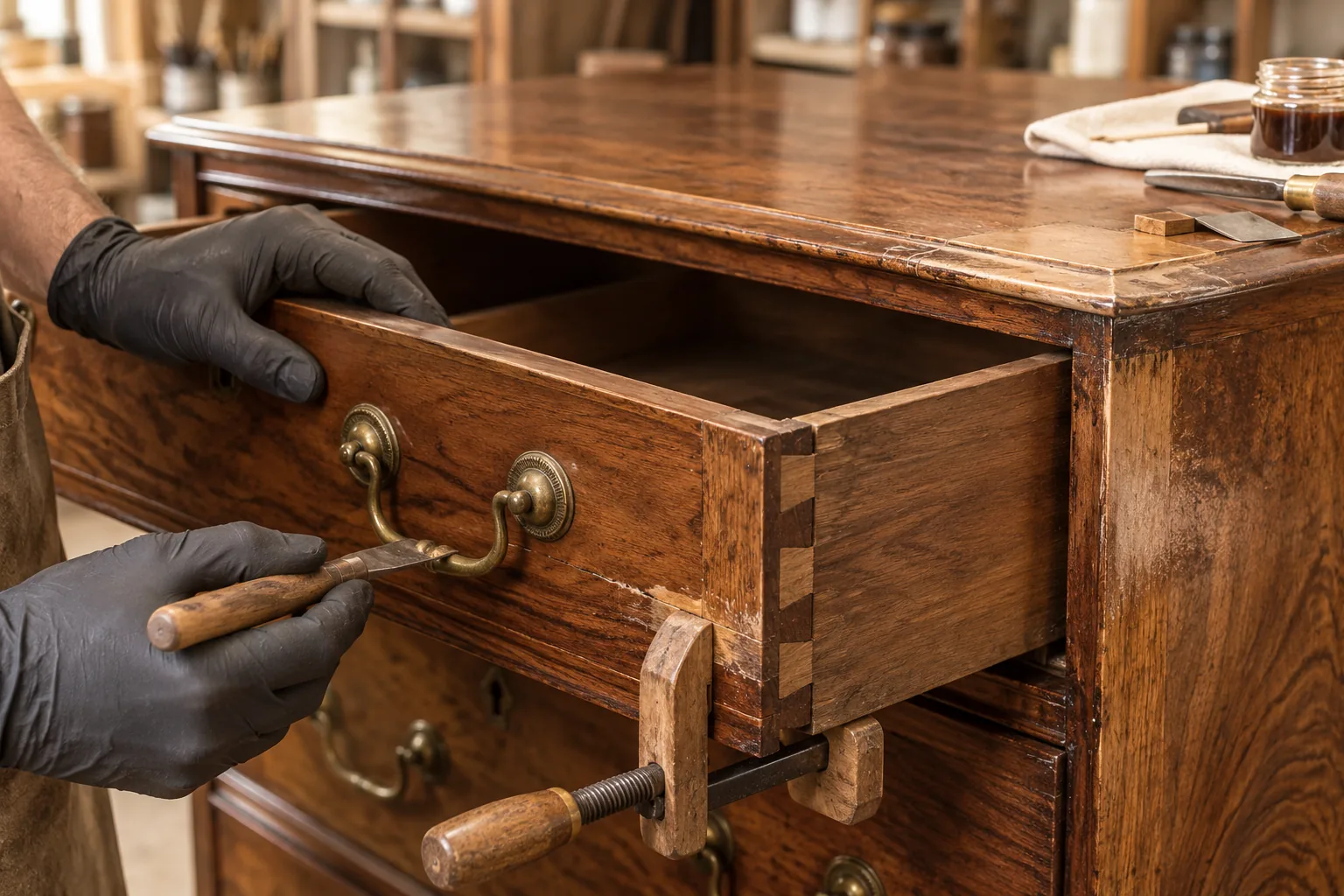 Gloved hands repairing a dovetailed timber drawer