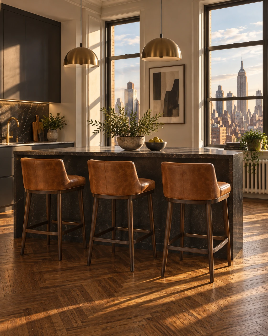 Counter stools at a kitchen island in an apartment