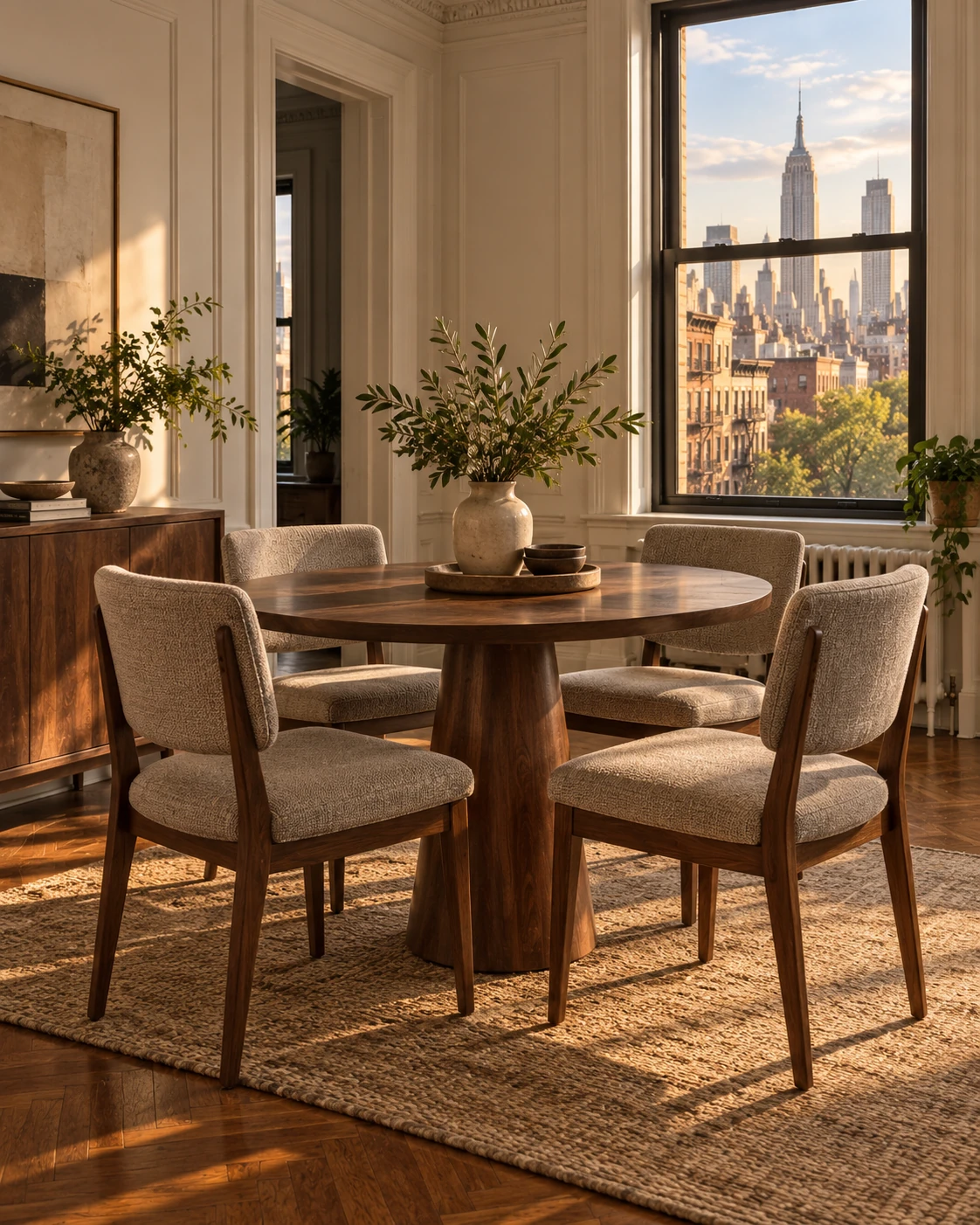 Upholstered dining chairs in an apartment dining area