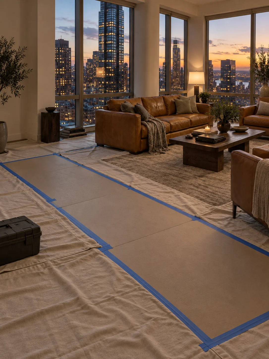 Floor covered with drop cloth in an apartment