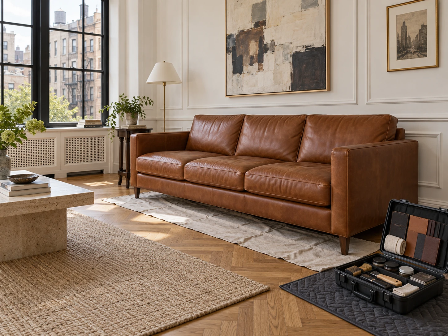 Leather sofa assessed in an apartment