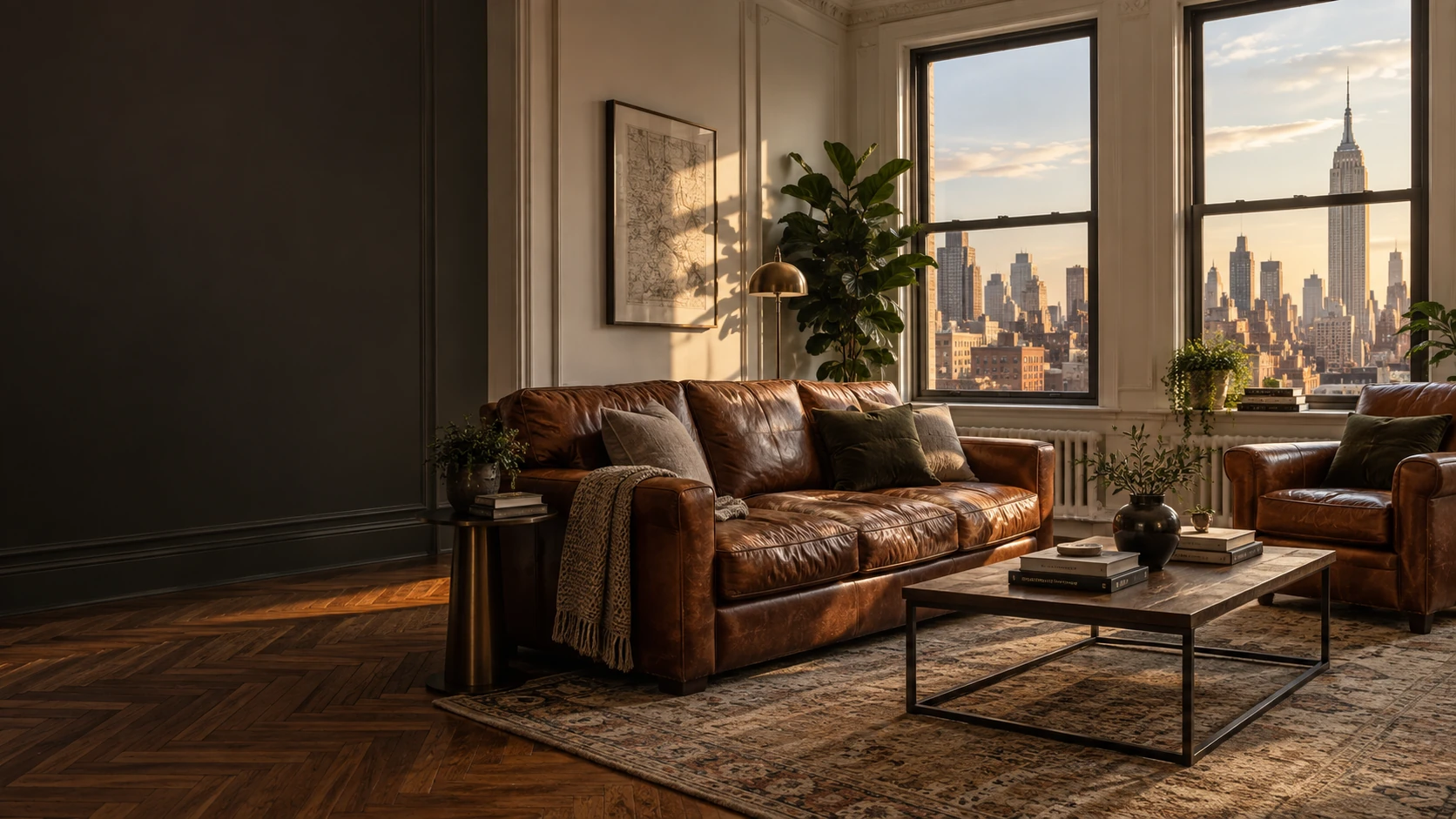 Tapicería en Nueva York: sofá de cuero en un apartamento de la ciudad