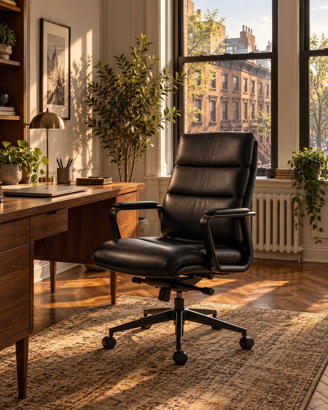 A leather desk chair in an apartment home office