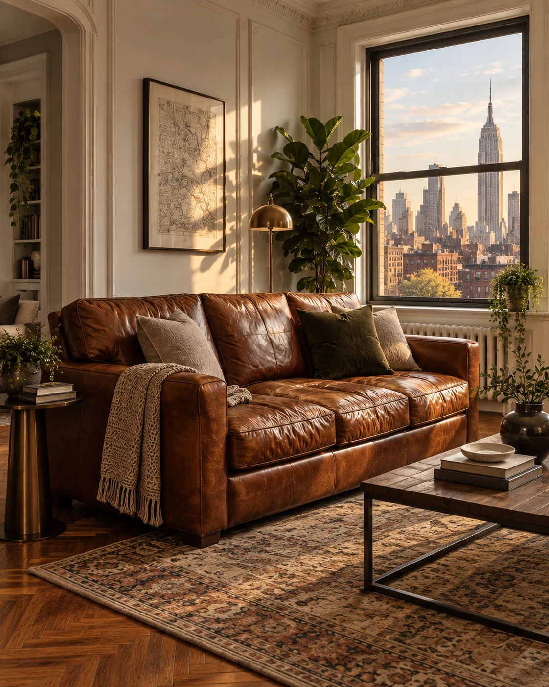 A leather sofa in an NYC apartment living room