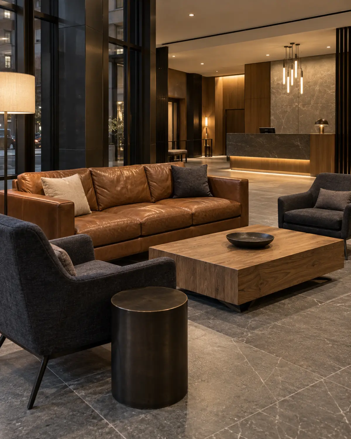 Sofá de cuero en el lobby de un edificio