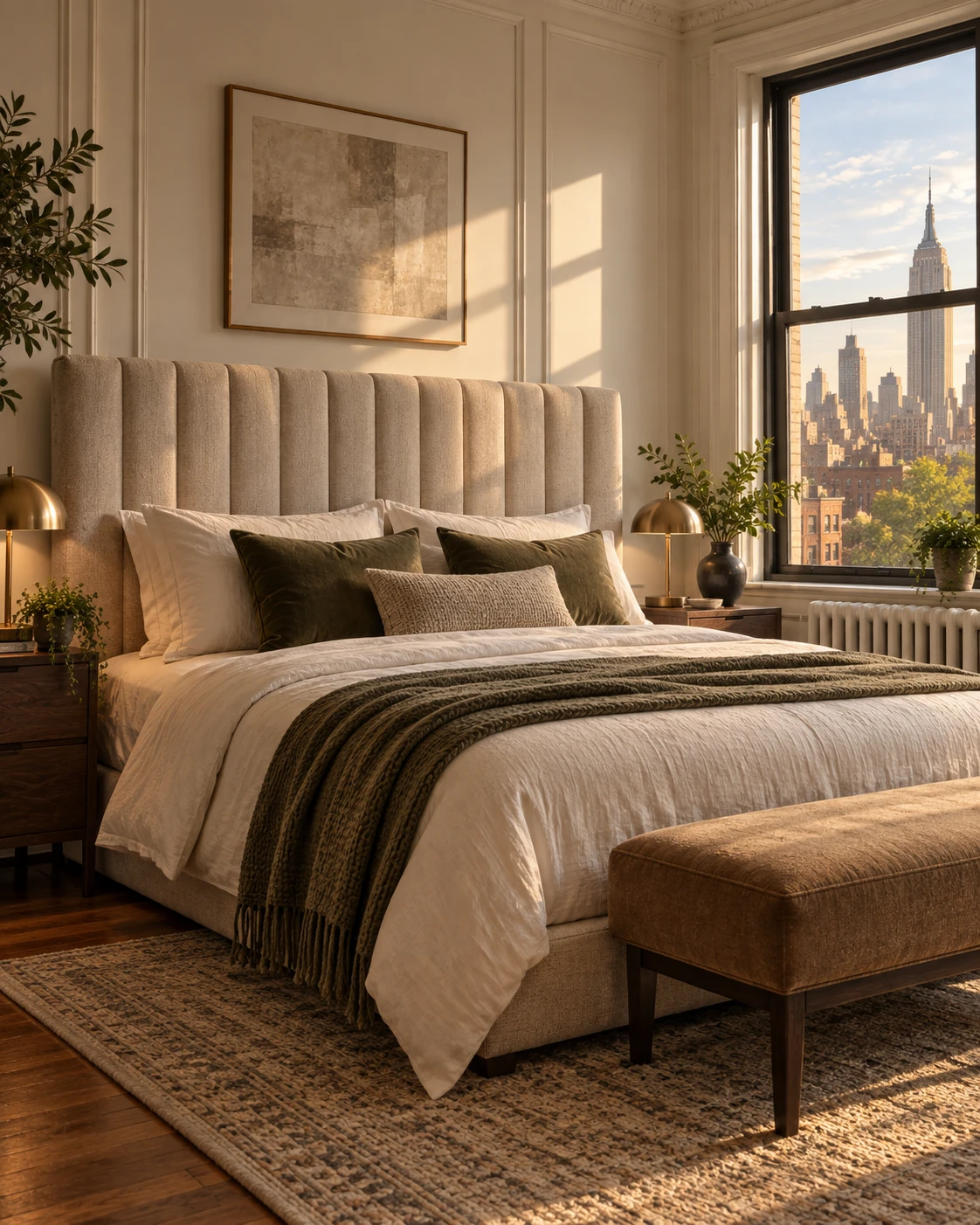 An upholstered headboard in an apartment bedroom