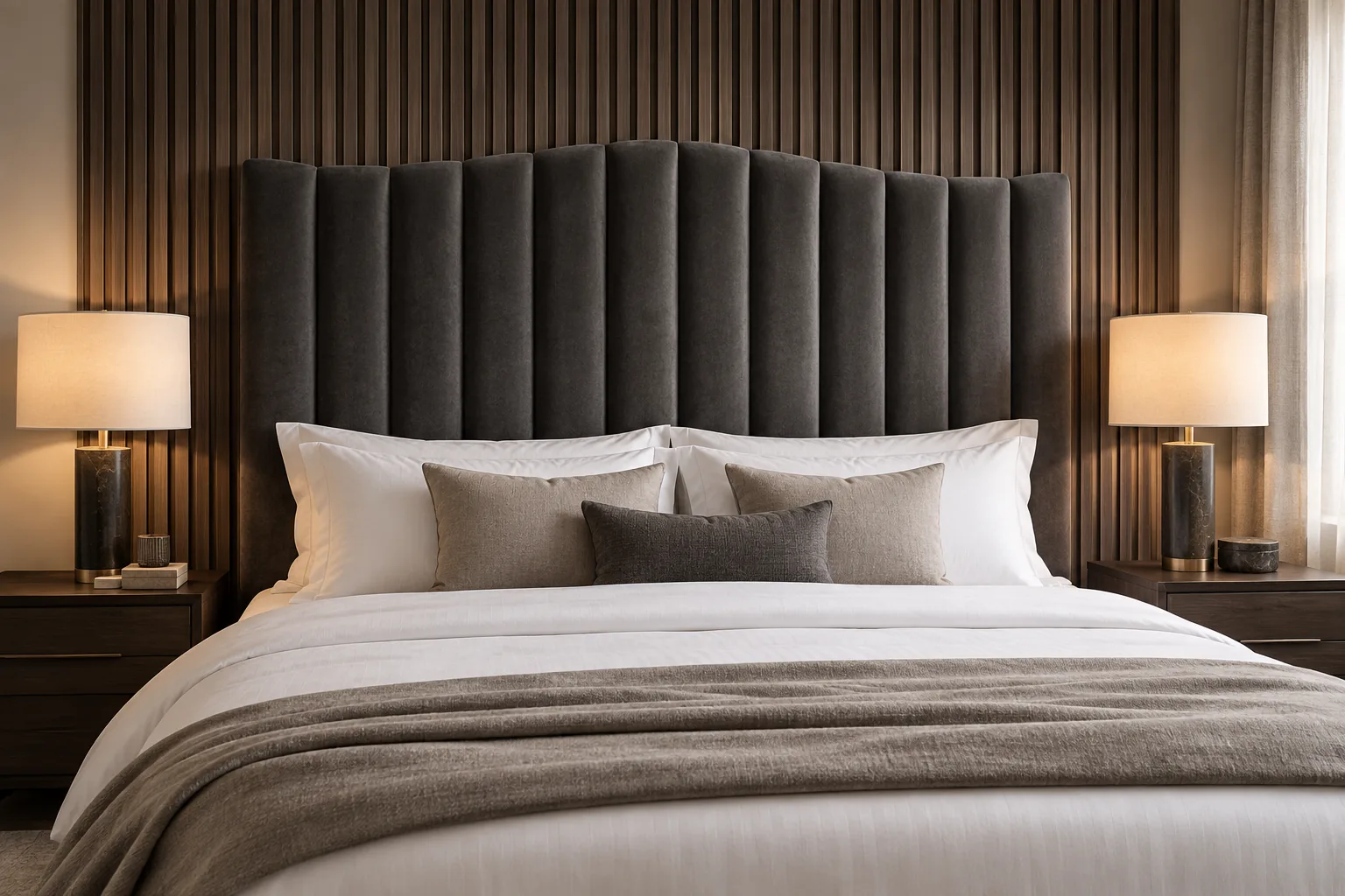 Charcoal arched channel headboard set against a timber slat wall