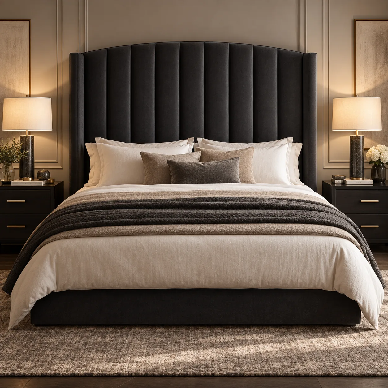 Charcoal arched headboard with vertical channel tufting