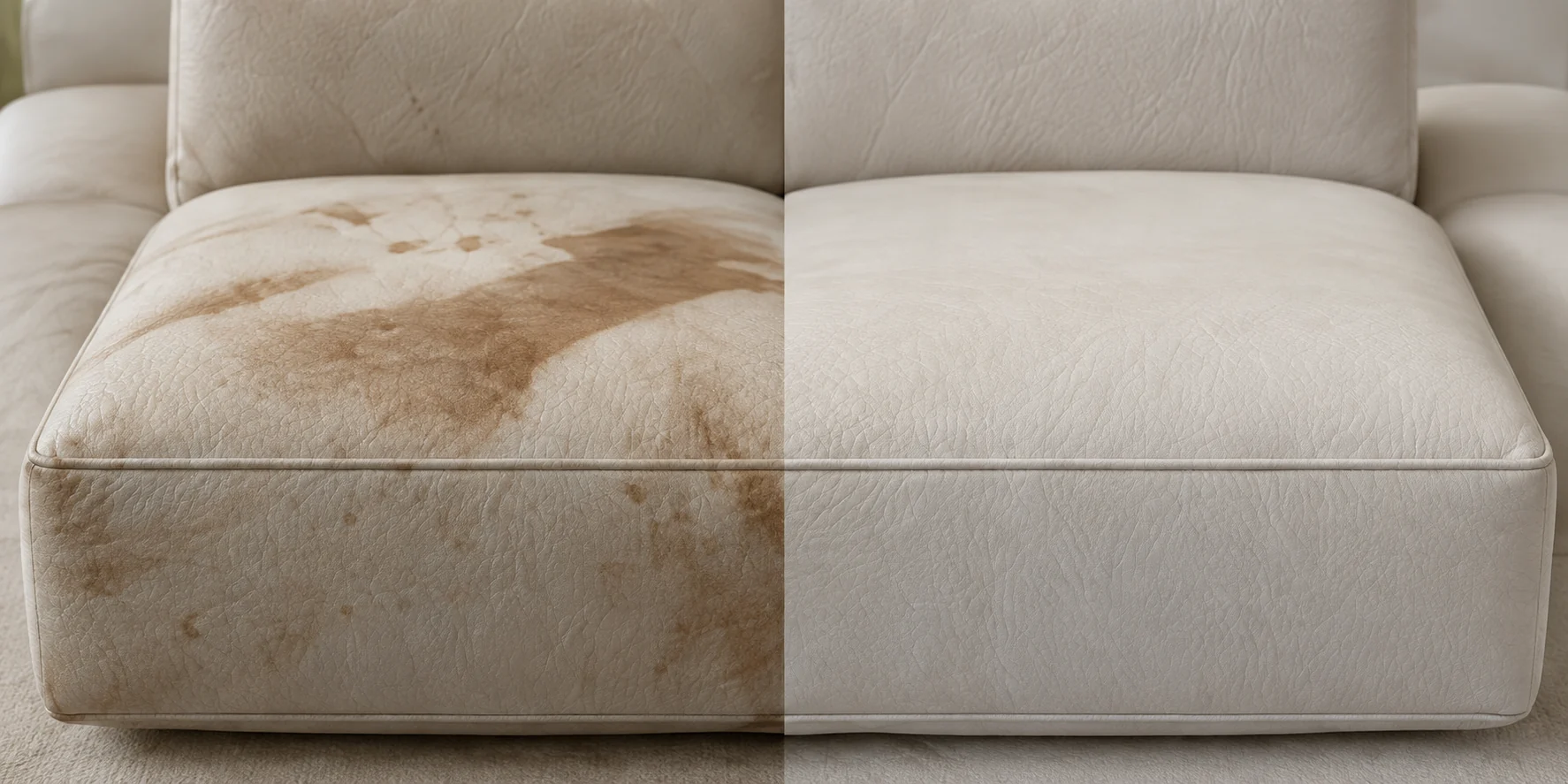 A stained cream leather seat cushion before and after stain removal