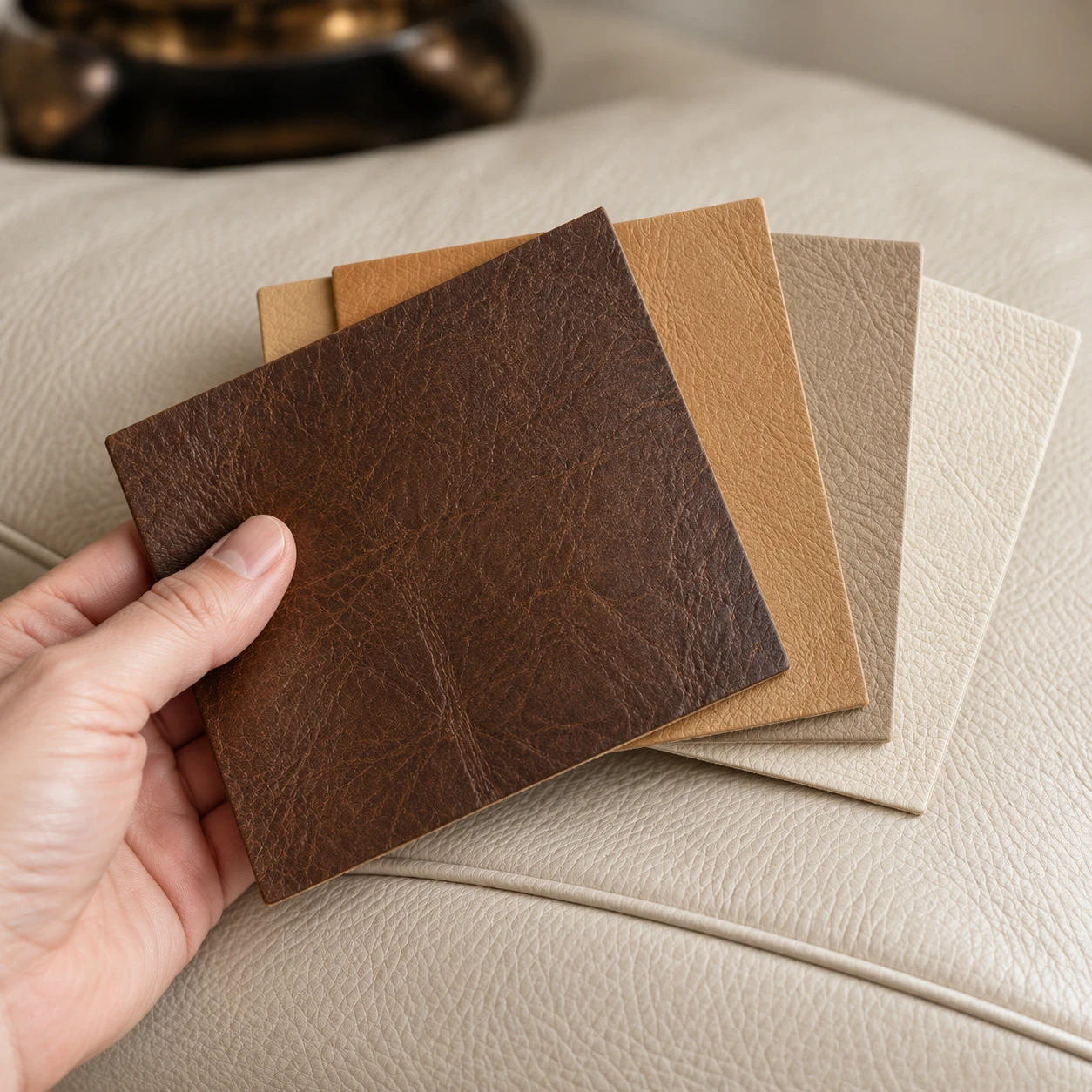 Leather color swatches held against a sofa
