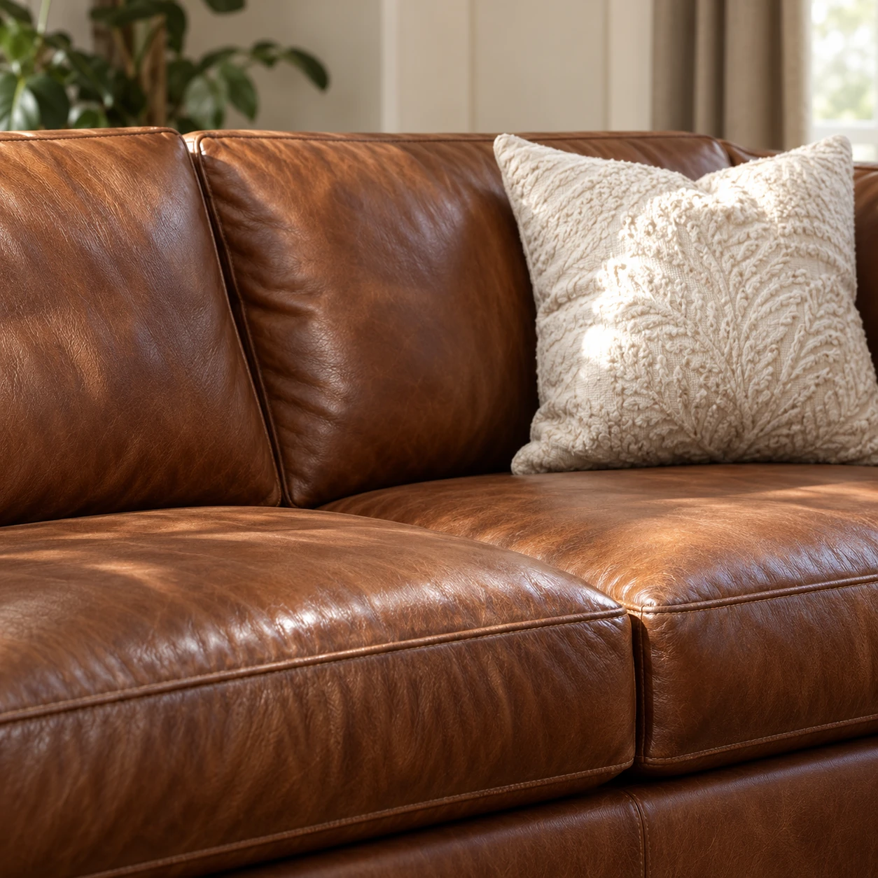 Restored tan leather sofa seat, the repaired area a leather repair warranty applies to