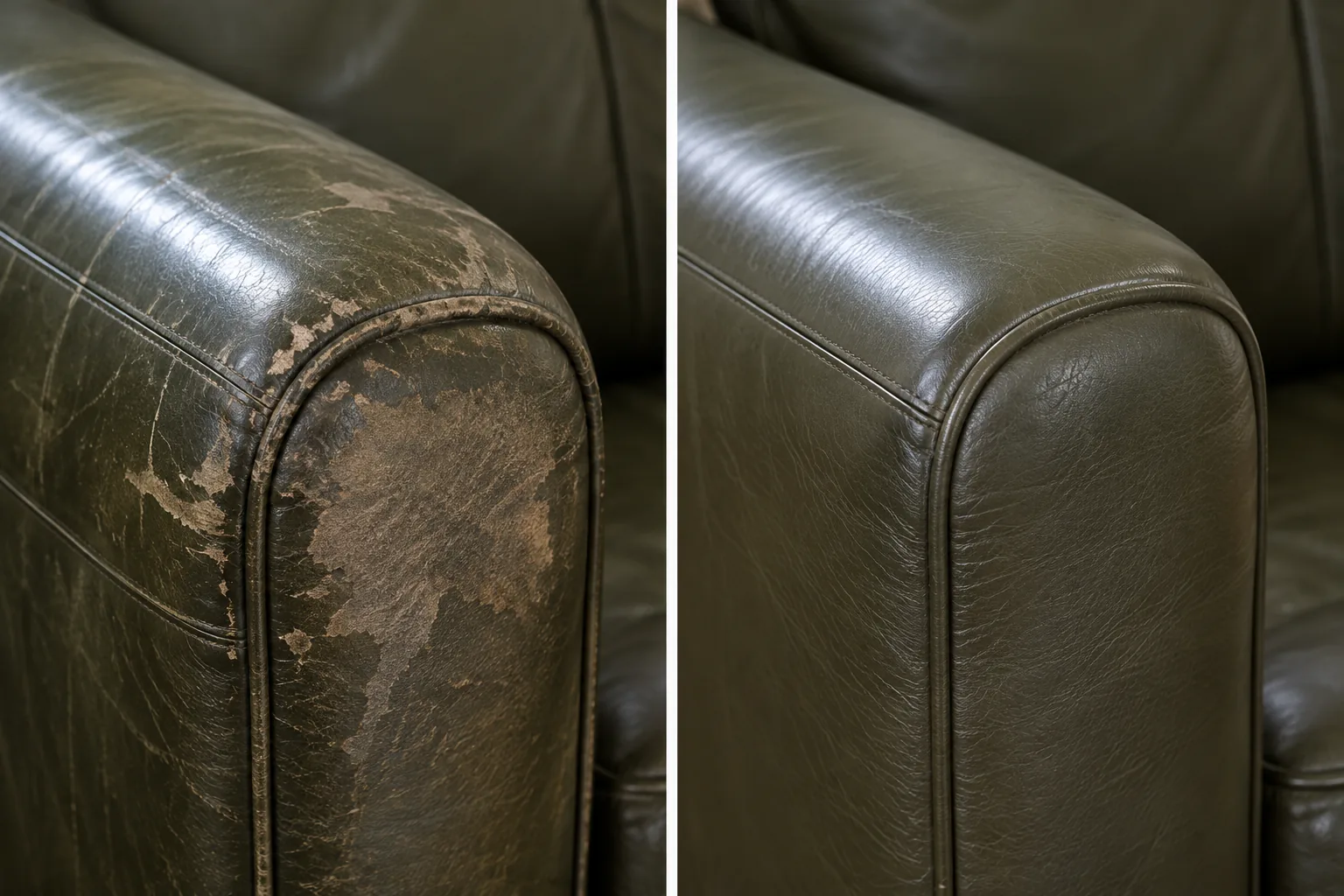Green leather arm panel before and after replacement