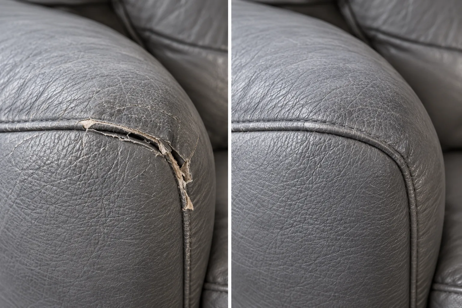 Grey leather arm seam before and after repair
