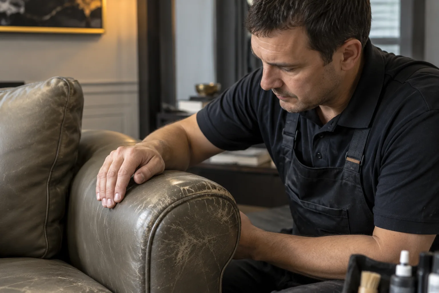 Technician inspecting a leather armrest during a warranty assessment