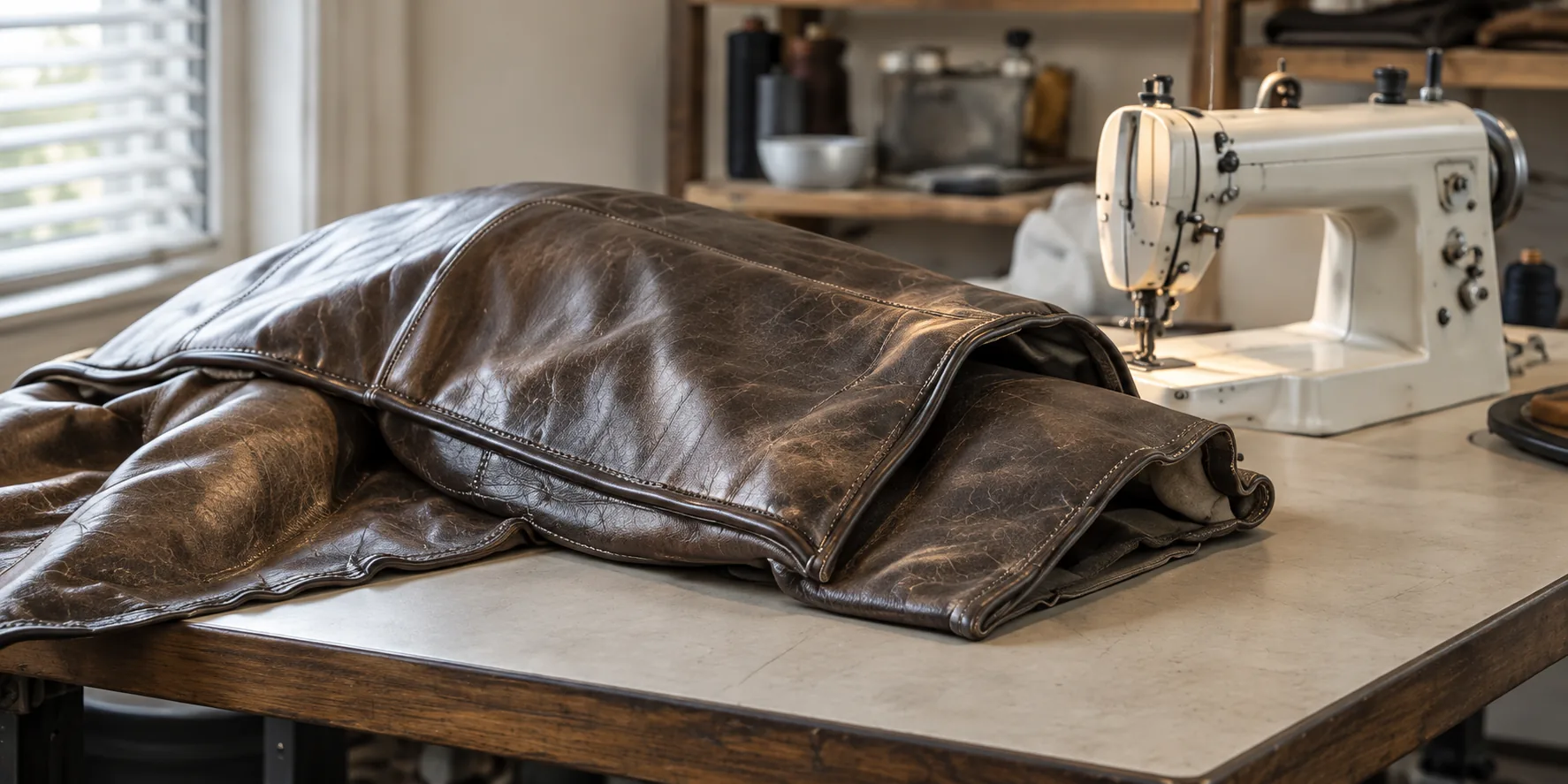 Leather cover on the workshop bench