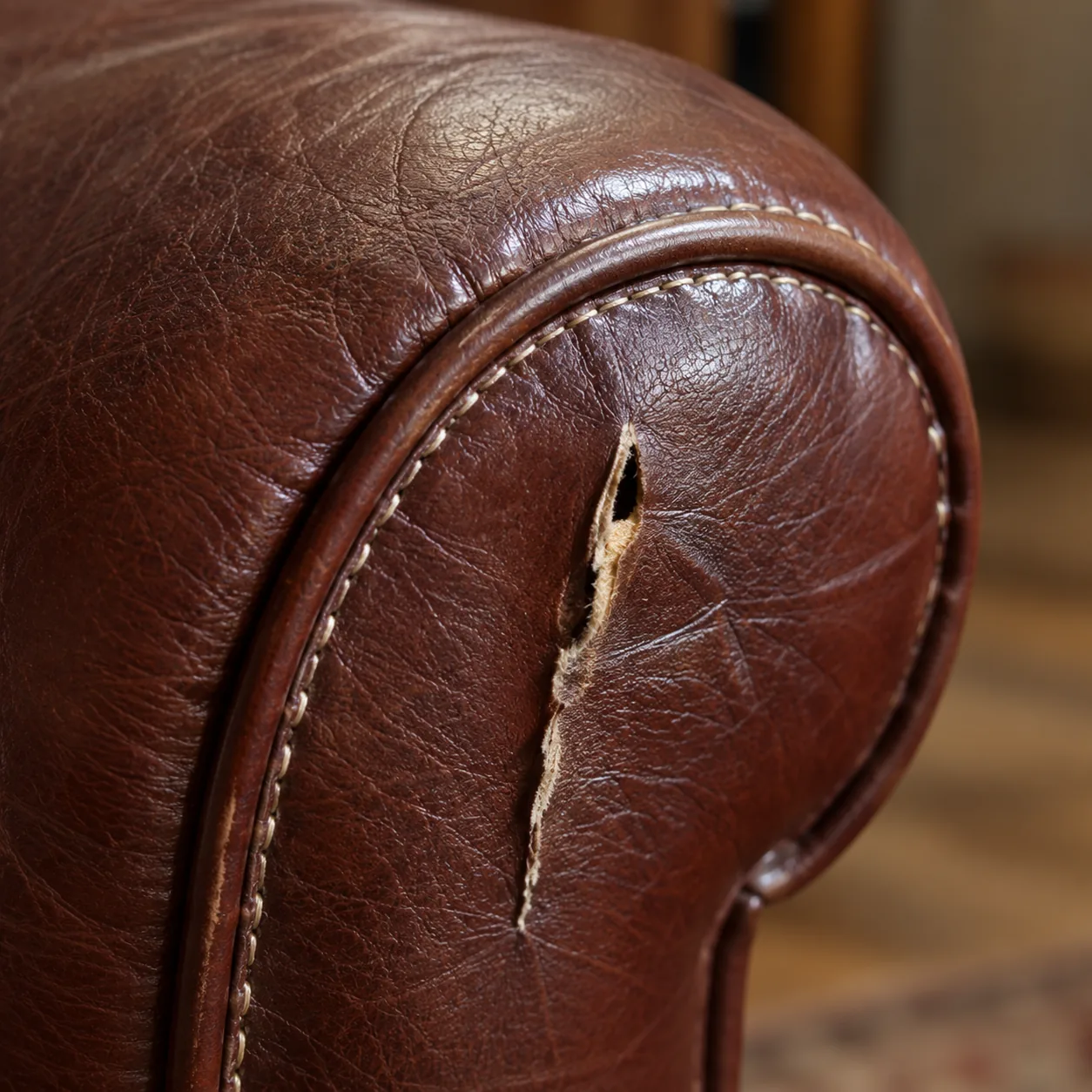 Tear beside the piping on a rolled arm