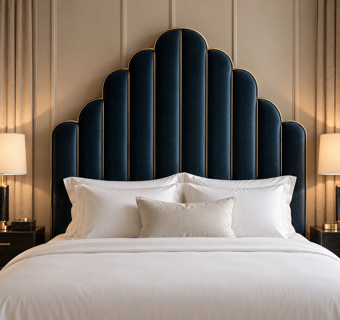 Navy velvet fan-shaped Art Deco headboard with piped flutes