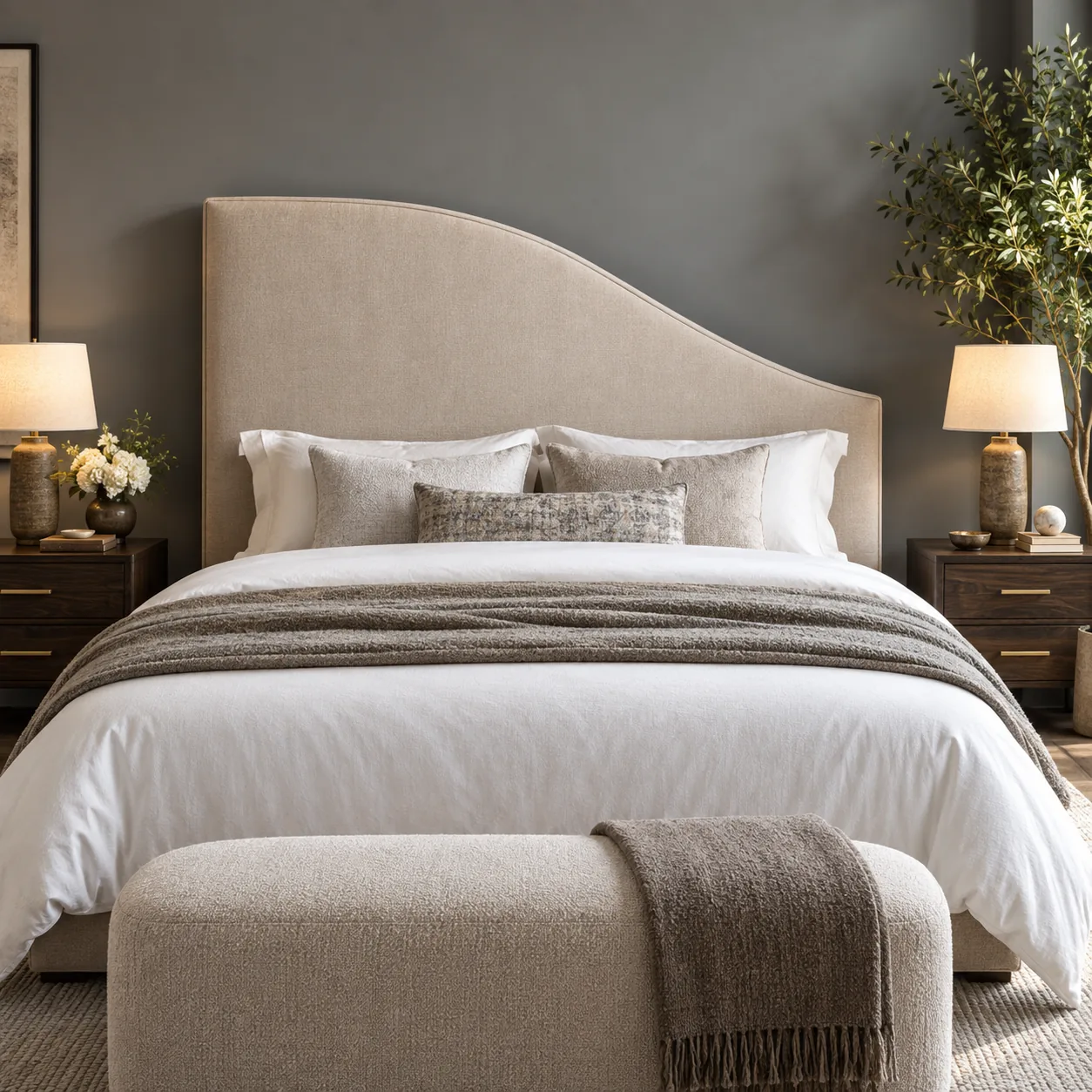 Asymmetric oatmeal headboard, high on one side and falling away to the other