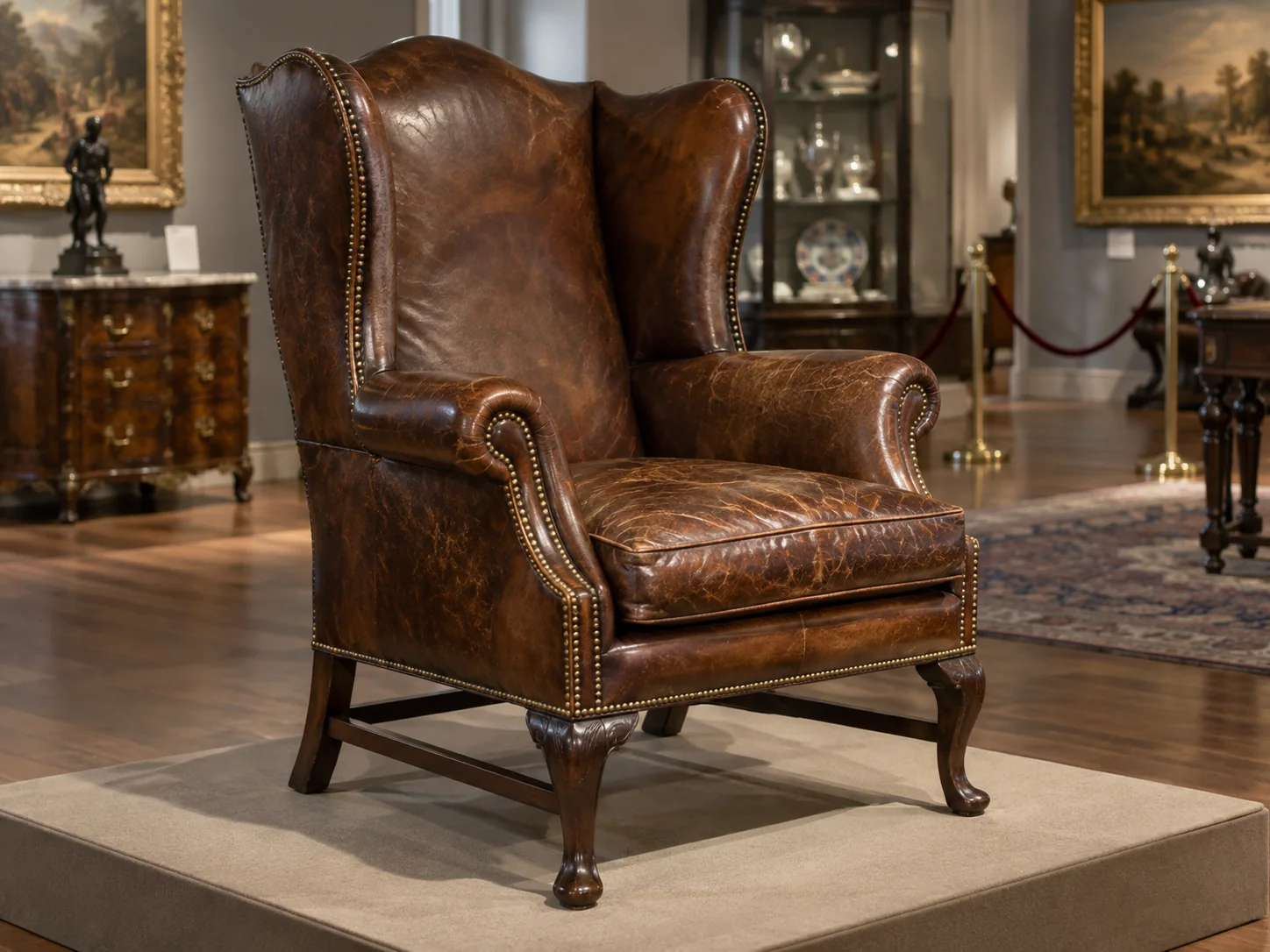 An antique leather chair at an auction preview