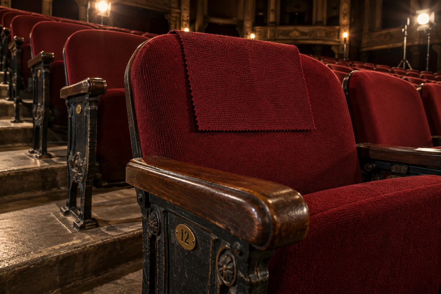A fabric sample held against an auditorium seat back to match the run