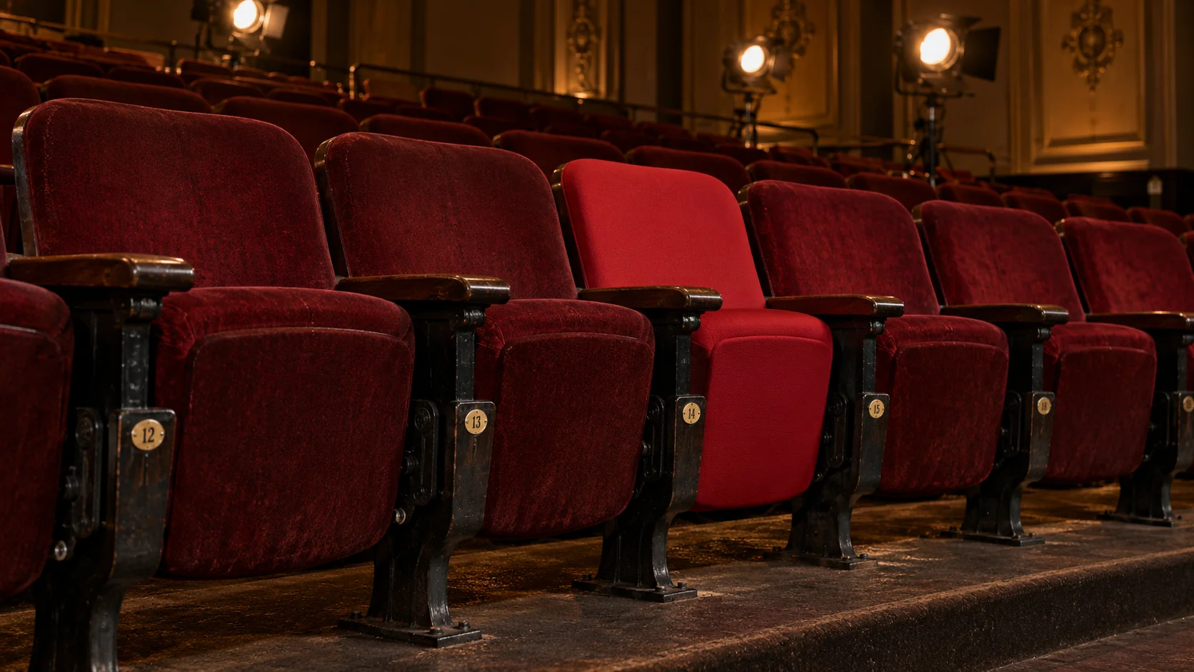 A row of auditorium seats with one replacement seat that does not match the others