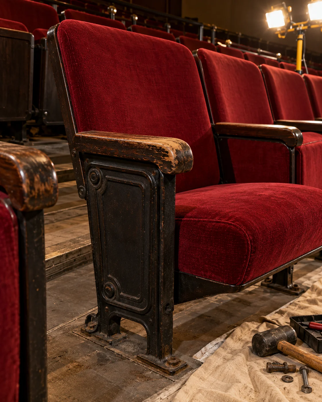 A worn wooden and upholstered arm cap on an auditorium seat