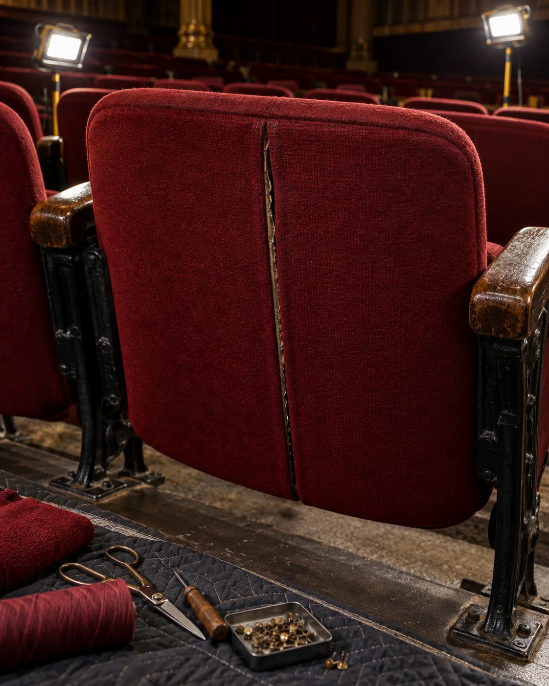 A split seam on the back panel of an auditorium seat