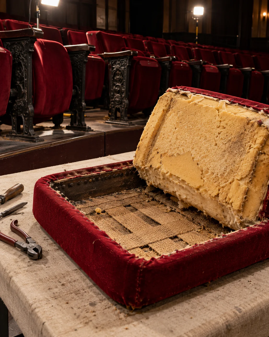 Flattened foam lifted out of an auditorium seat pan