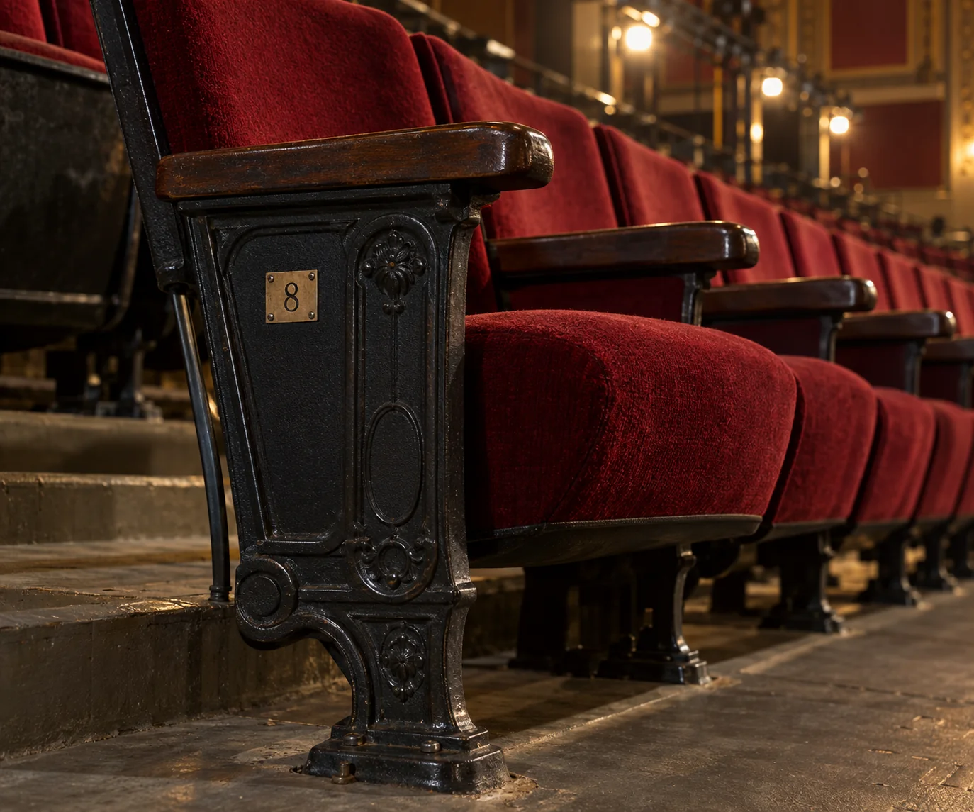 Numbered seat plate on a theater row end
