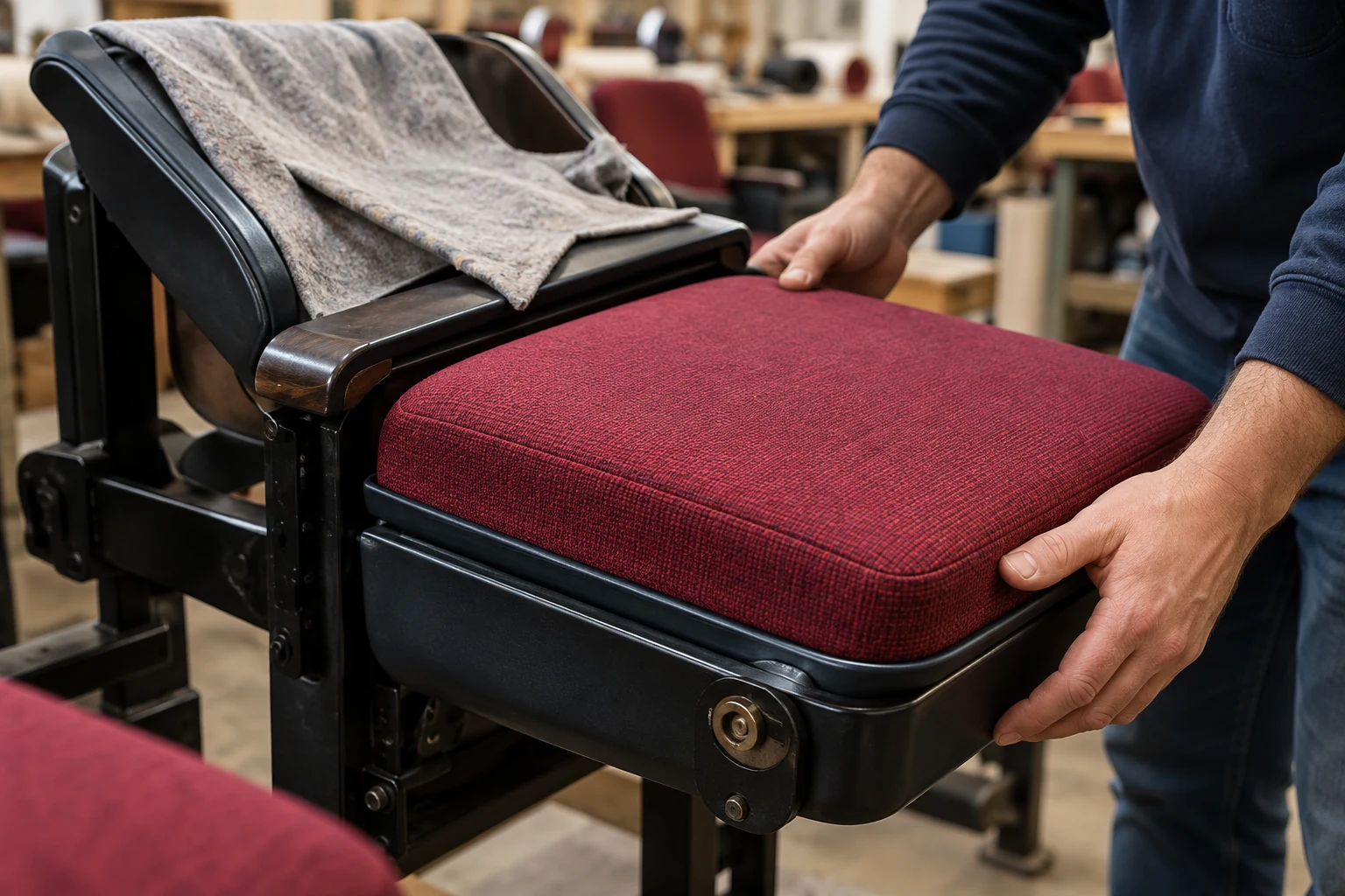 Upholsterer fitting a burgundy seat pad back into an auditorium seat frame on a workshop bench