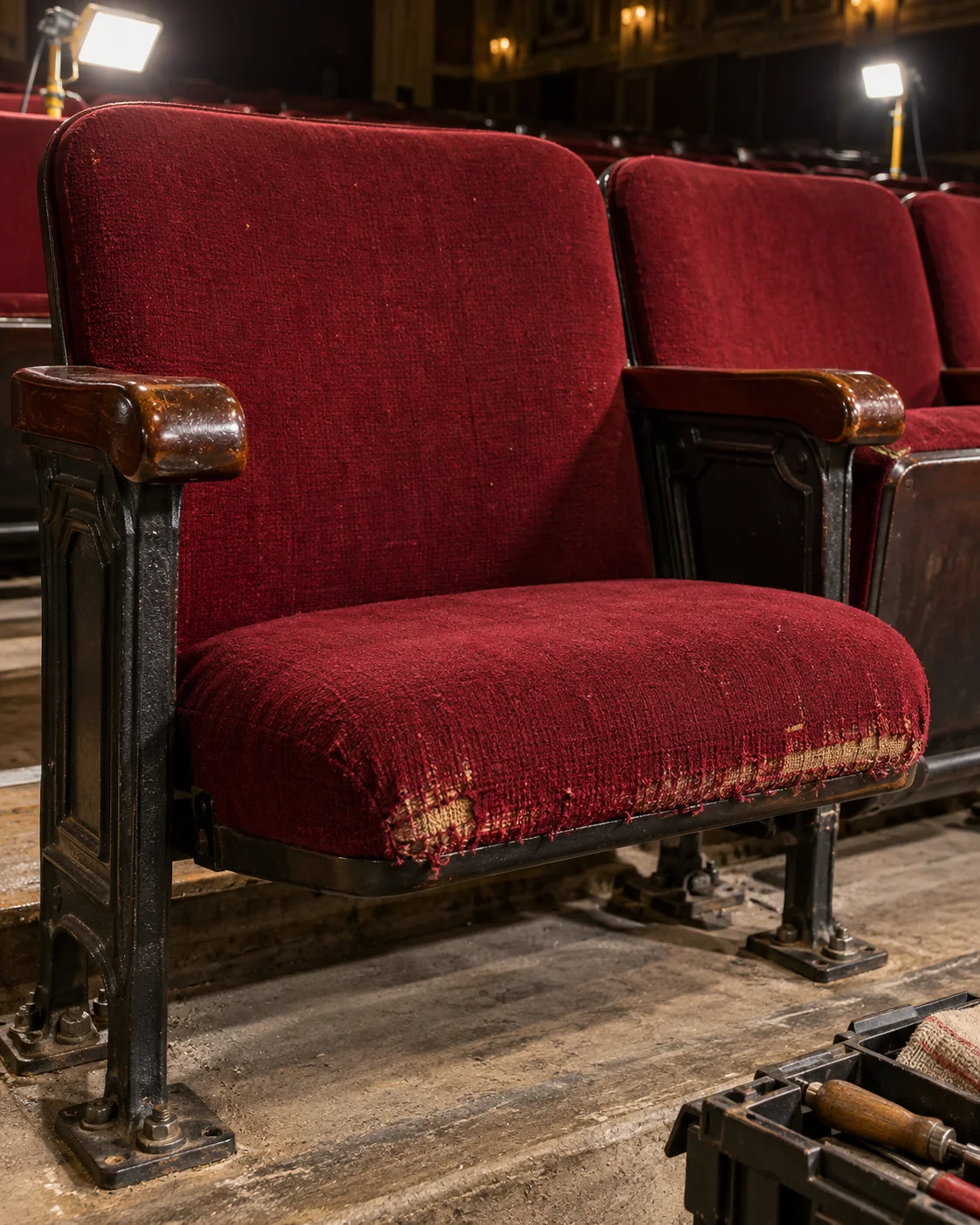 An auditorium seat pan with its fabric worn through at the front edge