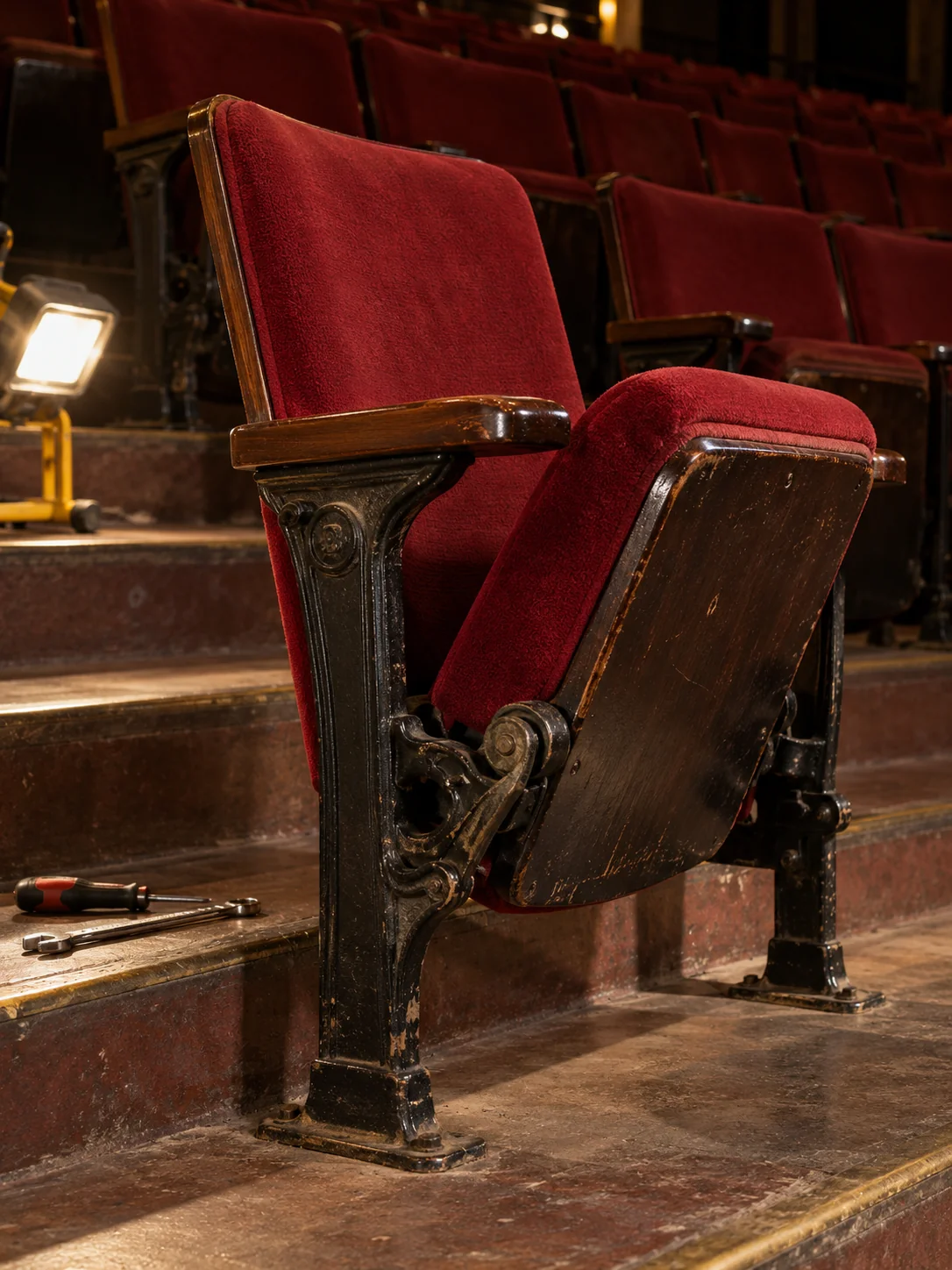 A refitted auditorium seat mid-fold on its standard