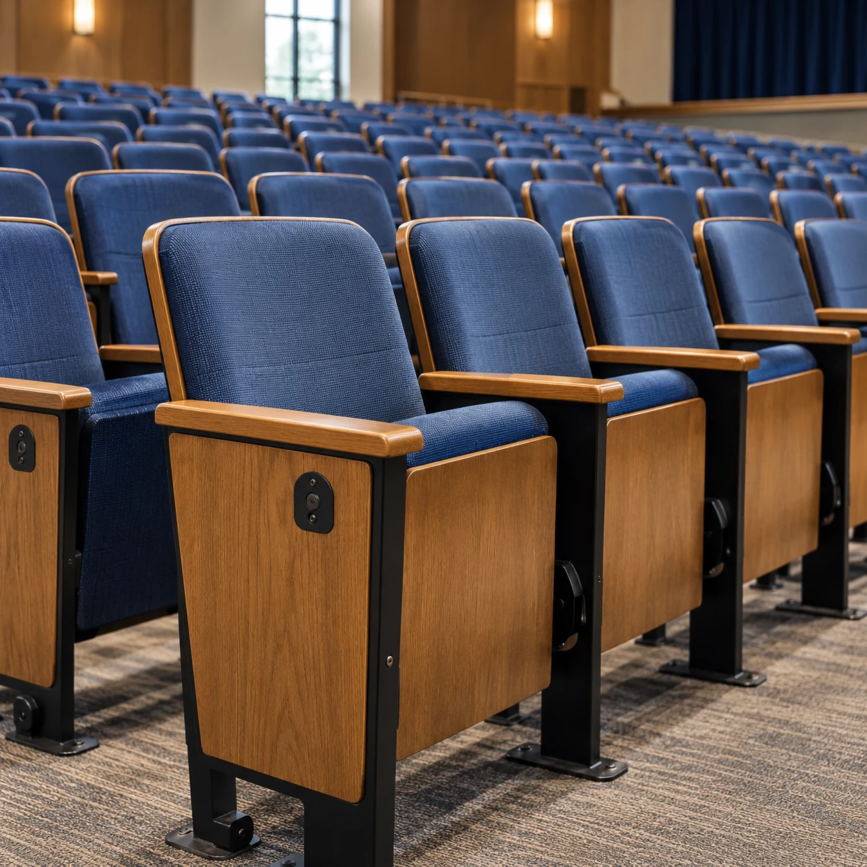 Navy auditorium seats with light oak end panels and brass number plates